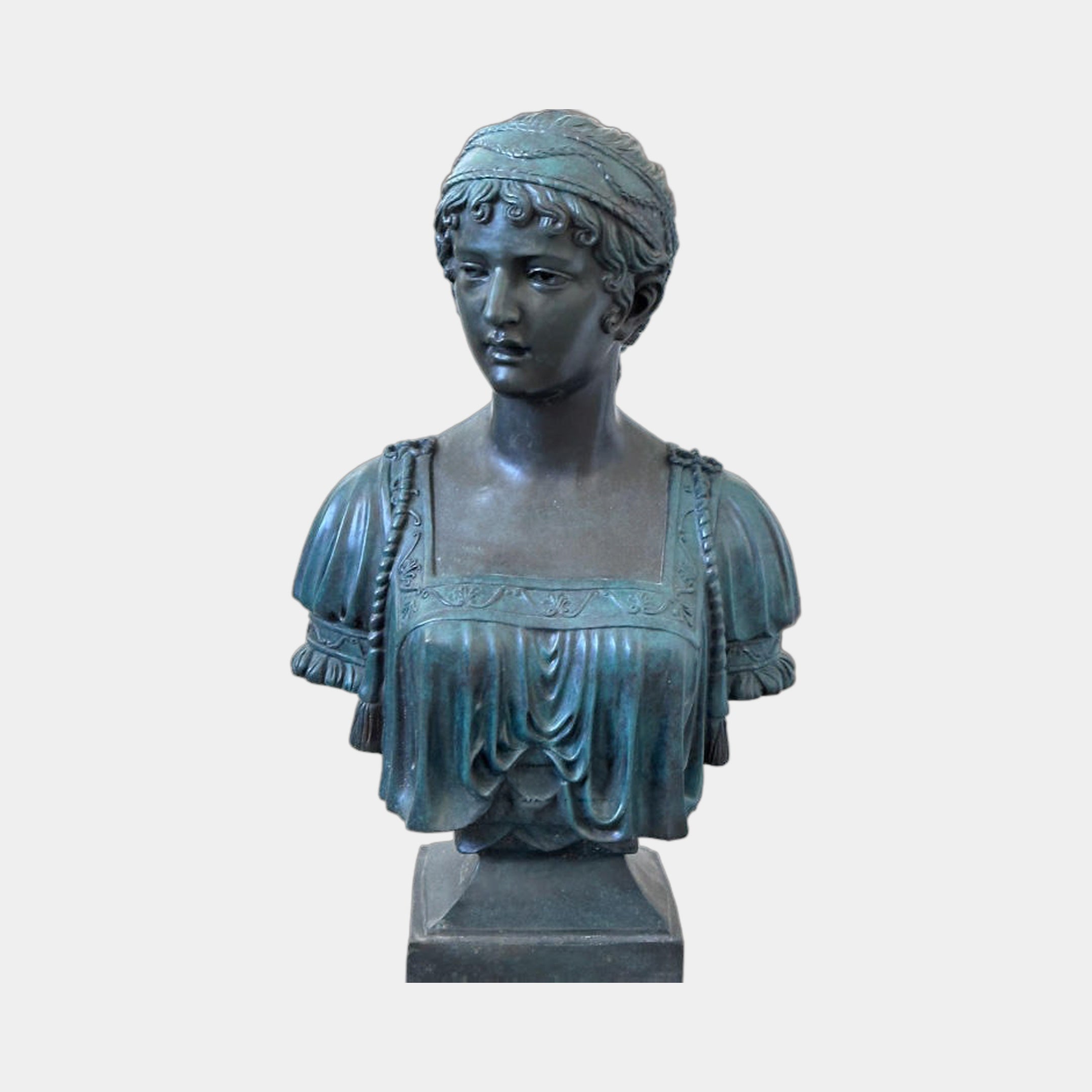 Classical Female Bust Bronze Bust 70cm by Giant Sculptures, verdigris-patinated cast bronze portrait with braided headband and draped gown on a stepped plinth.