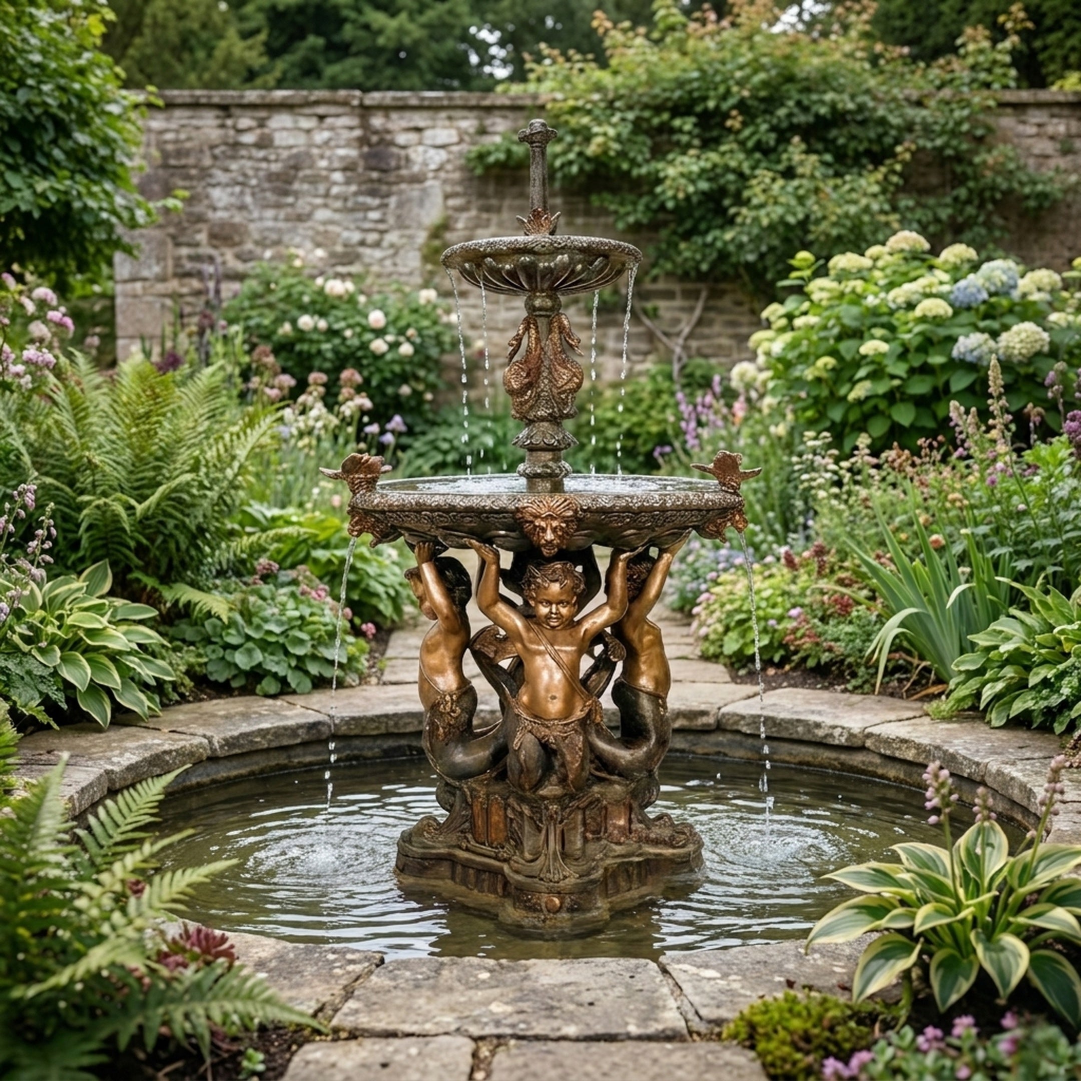 Giant Sculptures 230cm Classical Four Cherub Bronze Fountain with tiered fluted basins and putto figures, set in a circular pond within a walled garden.