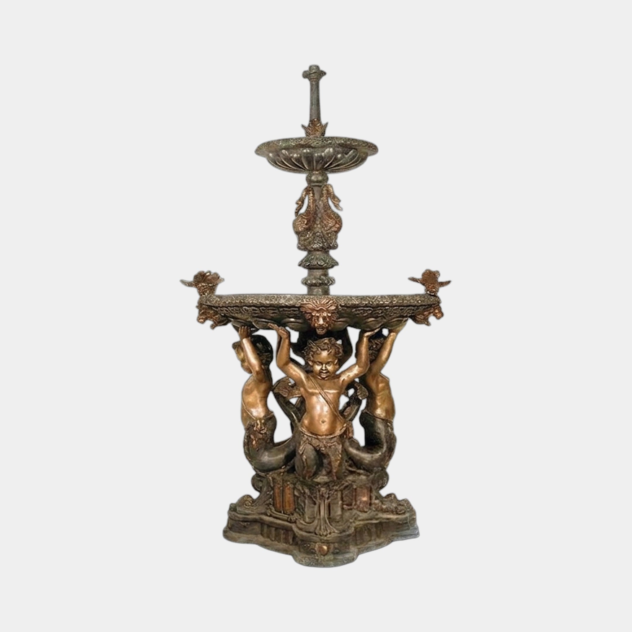Classical Four Cherub Fountain Bronze Fountain 230cm by Giant Sculptures, three tiers with cherubs raising a fluted basin and cross finial, on plain background.