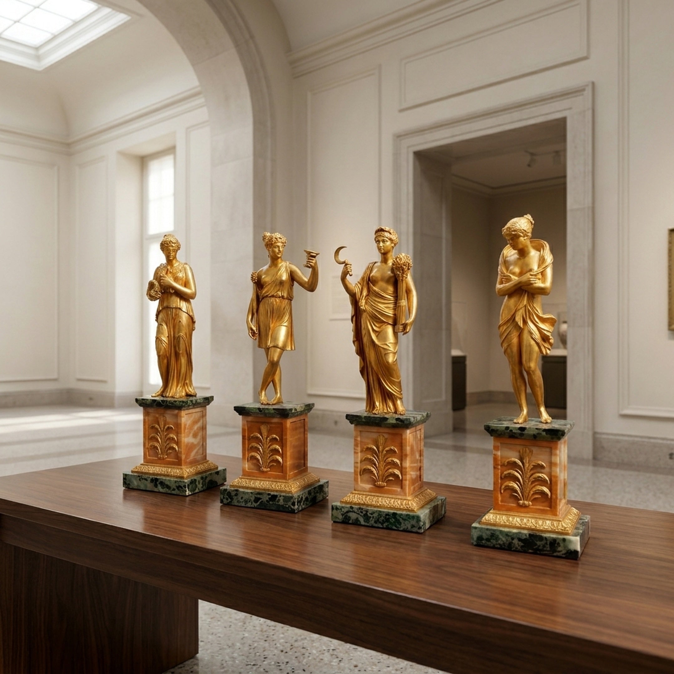 Giant Sculptures Classical Four Seasons Goddesses 40cm gilded bronze set on sienna and green marble plinths, displayed on a wooden table in a gallery interior.