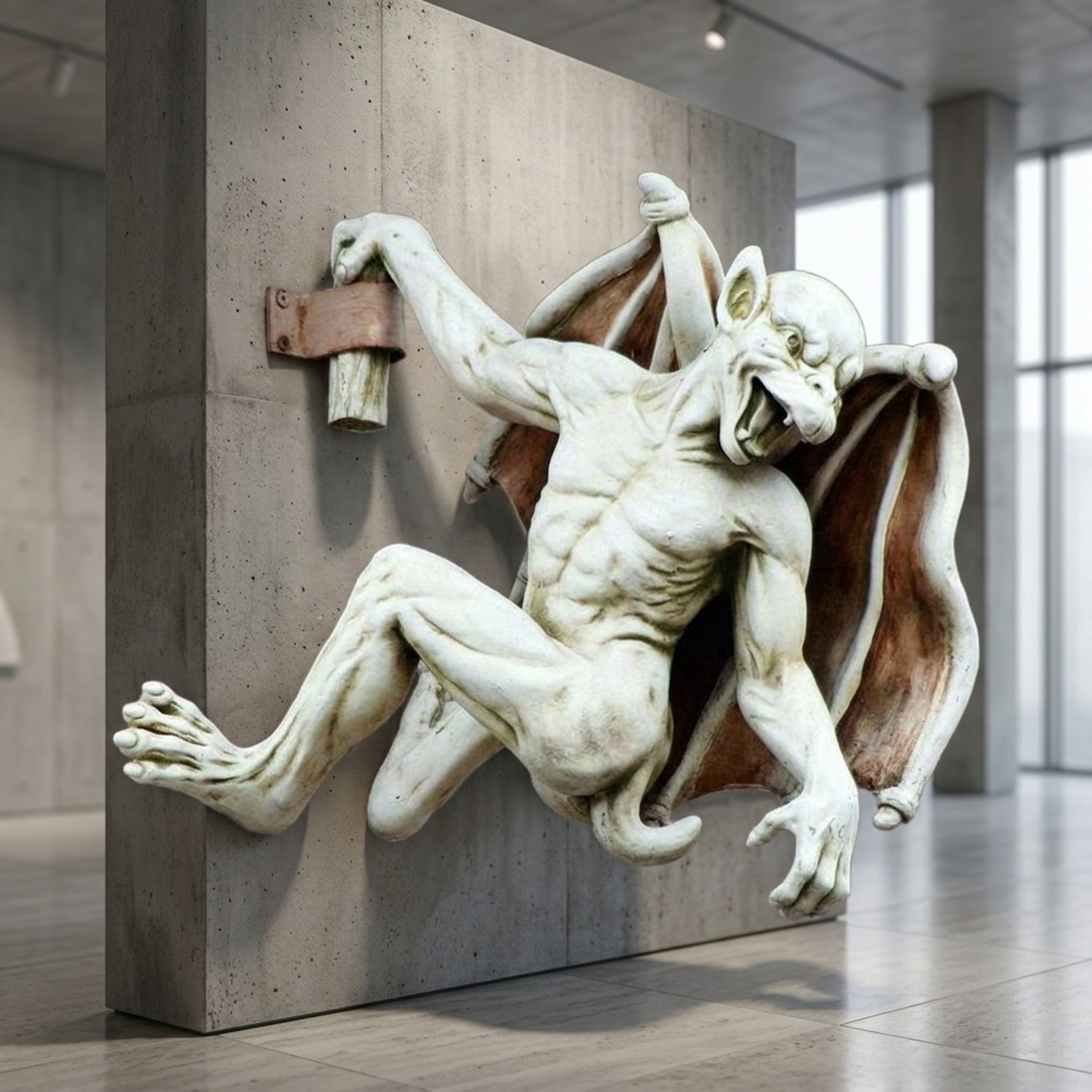 Classical Gargoyle Demon Bronze Wall Sculpture by Giant Sculptures, 90cm pale stone-finish winged figure mid-climb gripping a bracket on a concrete gallery wall.