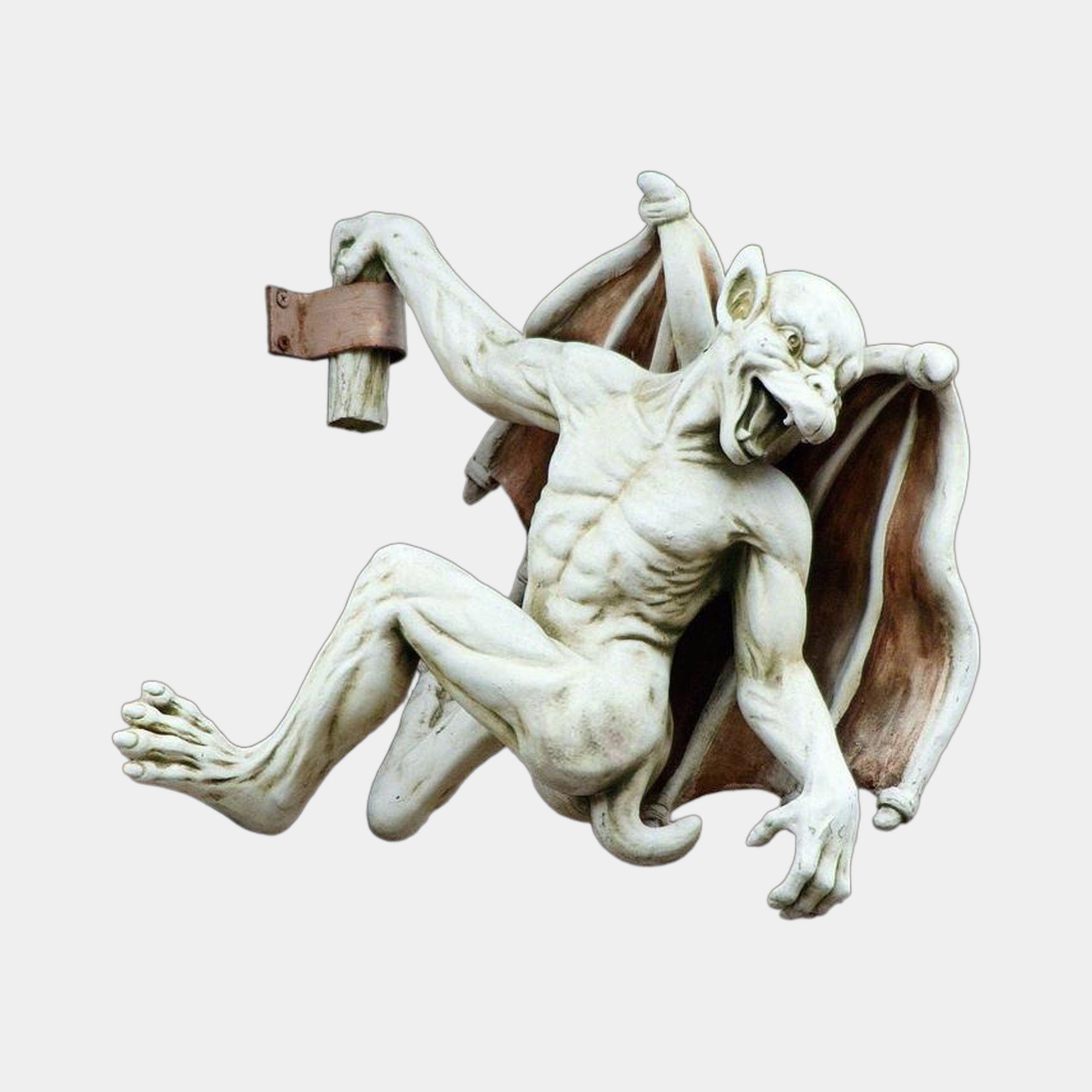 Classical Gargoyle Demon Bronze Wall Sculpture by Giant Sculptures, 90cm pale stone-finish winged figure mid-climb gripping a bracket, shown on a plain background.