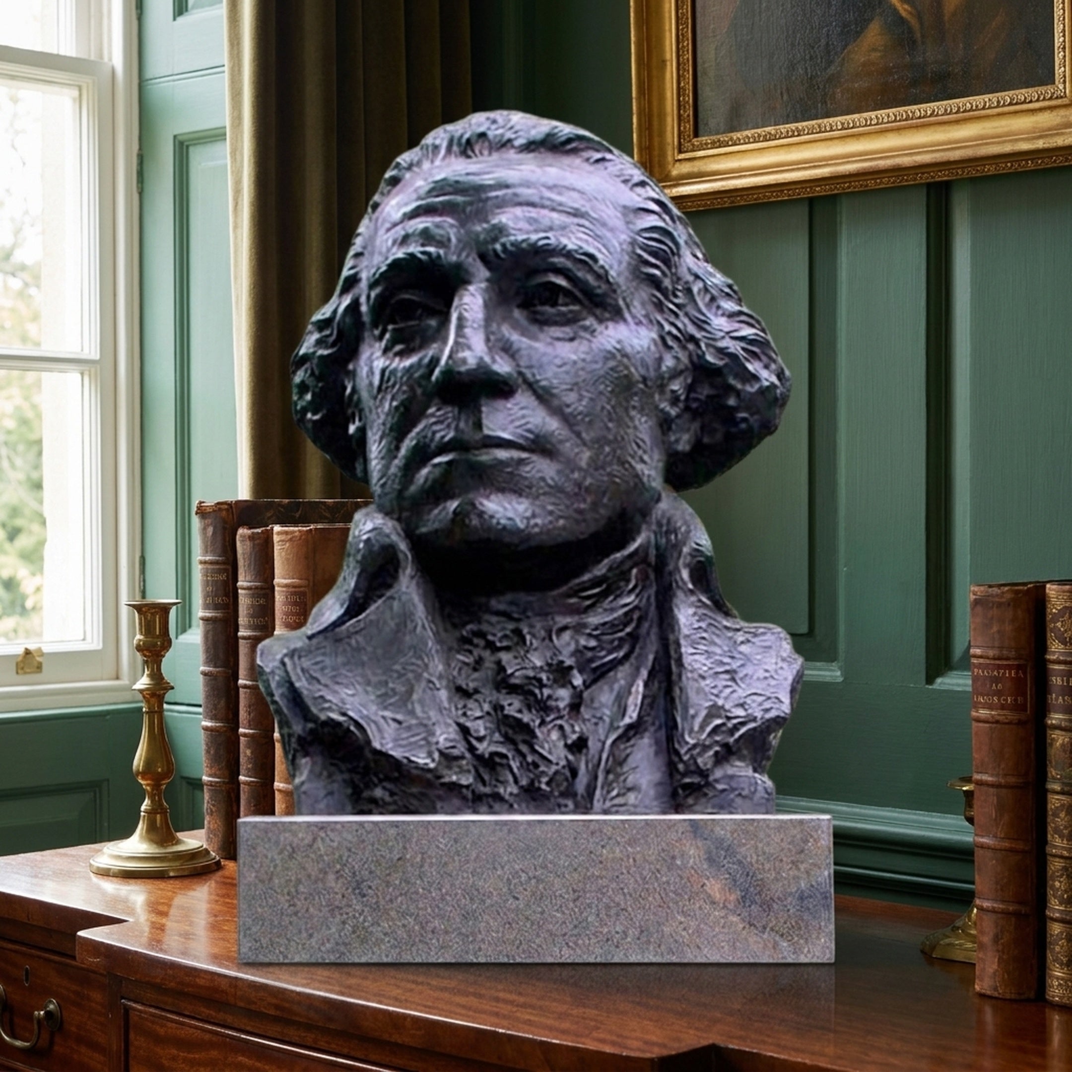 Classical Historical Male Bust Bronze Bust 90cm by Giant Sculptures on a granite plinth, displayed on a wooden desk among leather books in a green-panelled library.