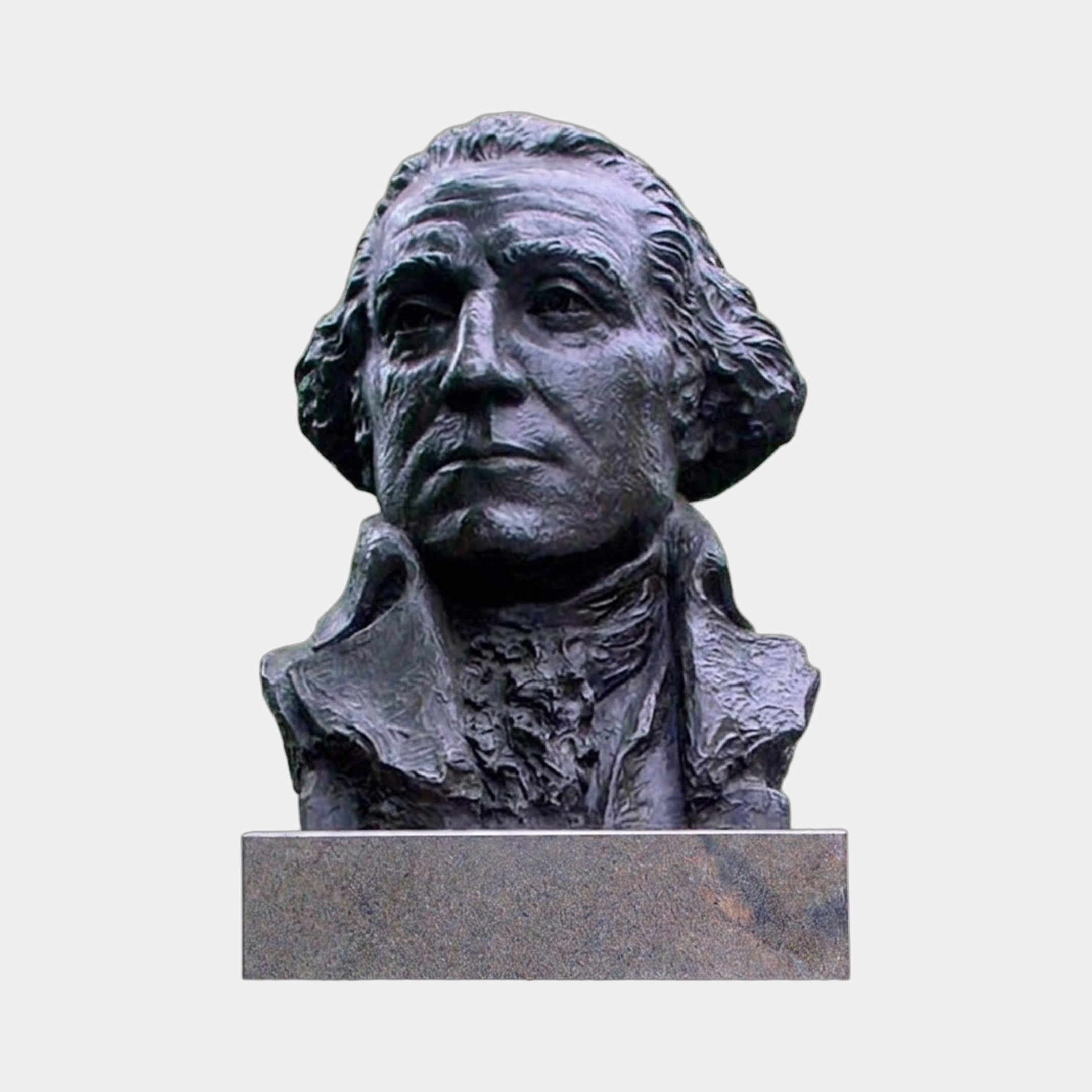Giant Sculptures' Classical Historical Male Bust, a 90cm dark bronze portrait of an 18th-century figure in cravat and wig, on a speckled granite plinth.