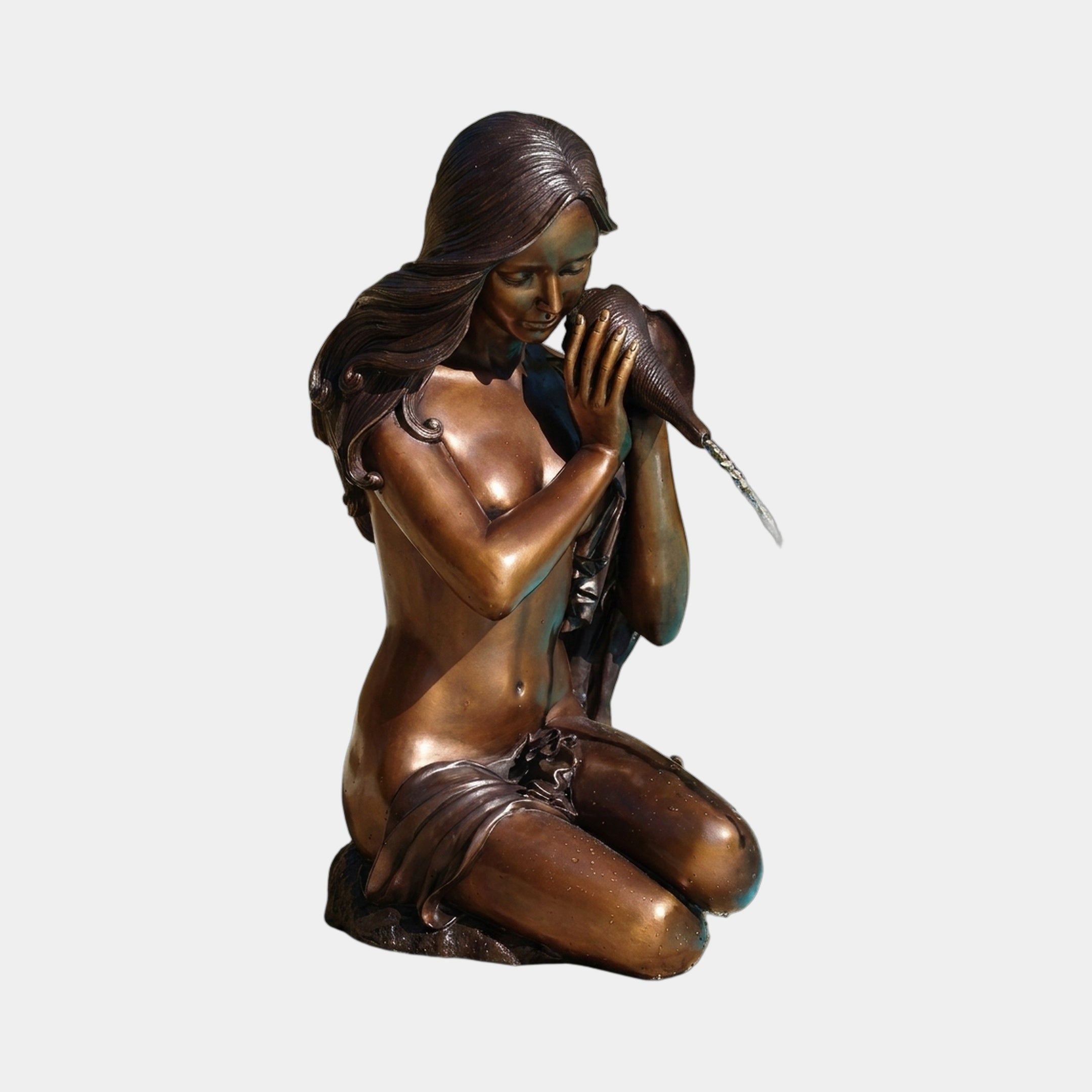 Classical Kneeling Female Figure with Conch Shell Bronze Fountain by Giant Sculptures, 90cm, warm patina, kneeling pose holding shell spout, plain background.