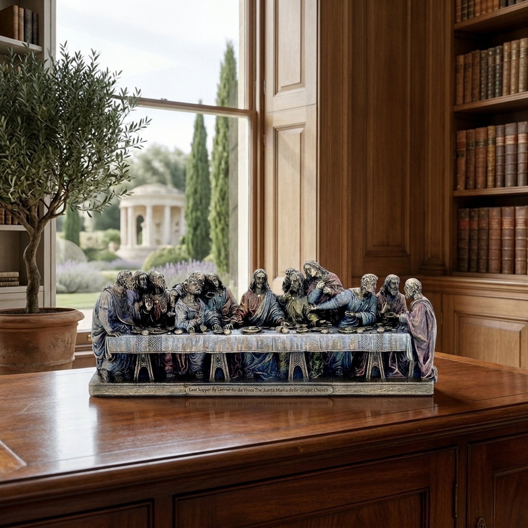 Classical Last Supper Relief Bronze Sculpture by Giant Sculptures in polychrome patina, displayed on a polished wood desk beside a window overlooking a garden.