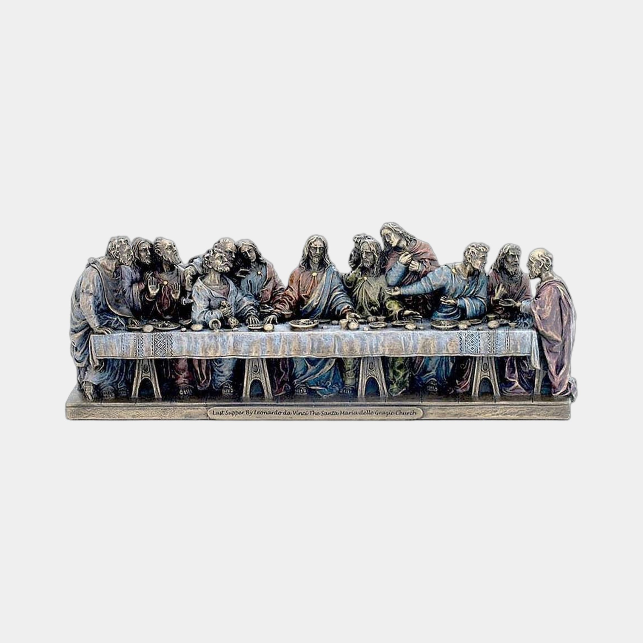 Classical Last Supper Relief Bronze Sculpture by Giant Sculptures, 45cm polychrome cast bronze tableau of thirteen robed figures around a draped table.