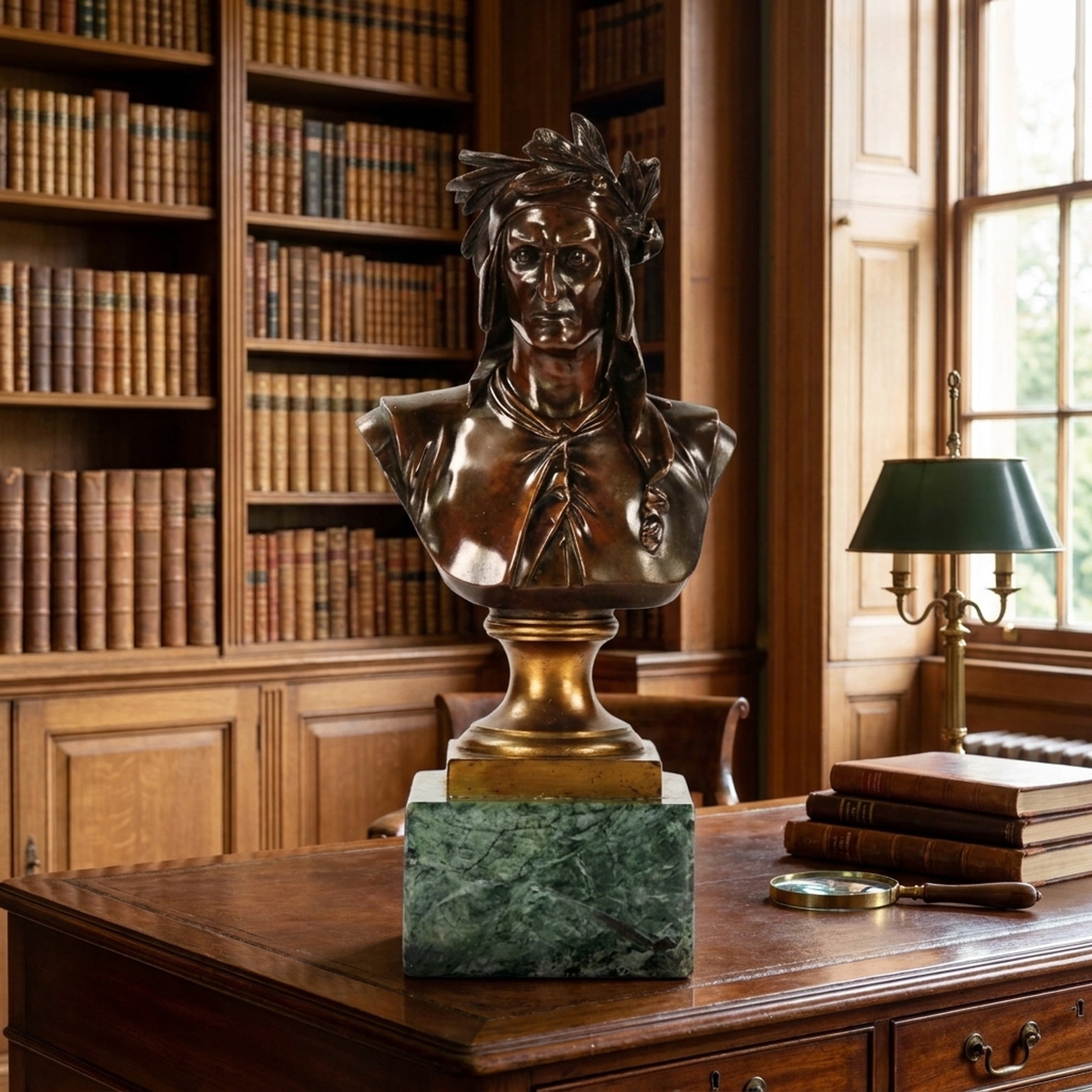 Classical Laureate Male Bust Bronze Bust by Giant Sculptures on a green marble plinth, displayed on a wooden desk in a library with bookshelves and a lamp.