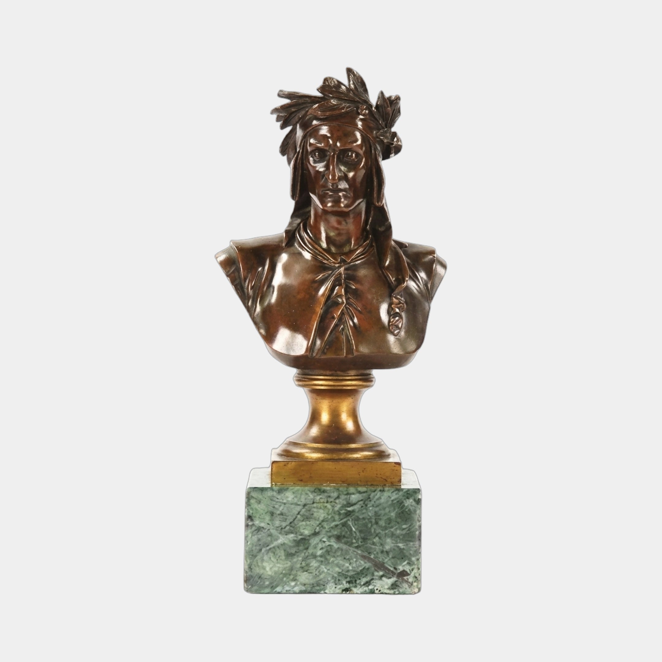 Classical Laureate Male Bust Bronze Bust by Giant Sculptures, dark brown patina figure with laurel wreath on a gilt socle and green marble plinth.