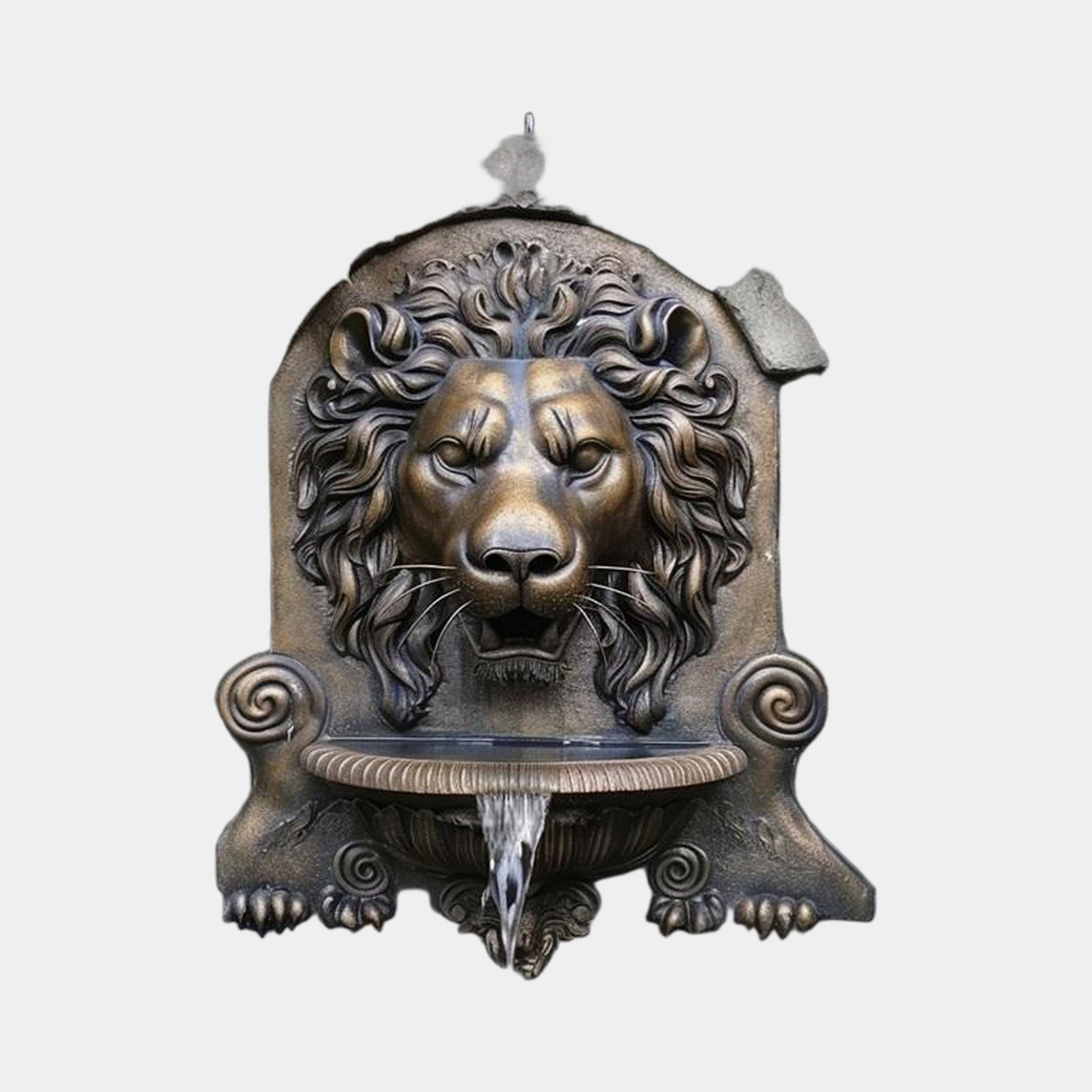 Classical Lion Head Wall Fountain Bronze Sculpture by Giant Sculptures, 110cm, with water spouting from the lion's mouth into a ribbed shell basin on a plain background.