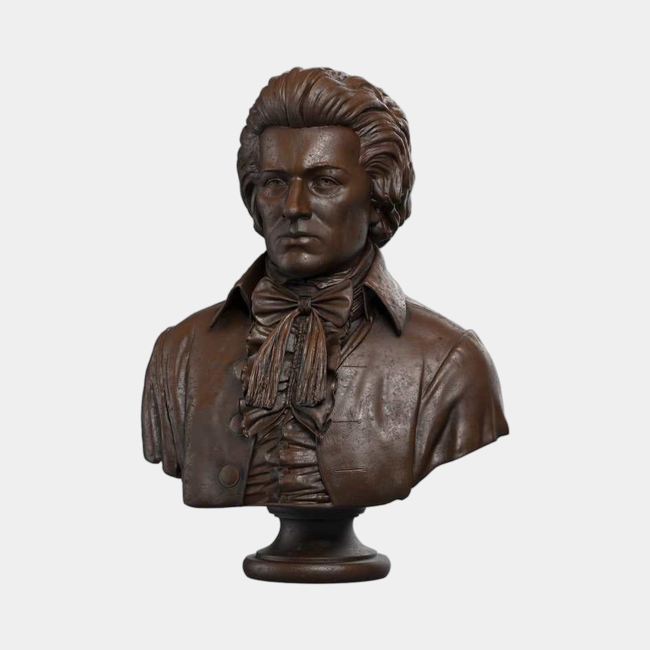 Classical Male Bust Bronze Bust 80cm by Giant Sculptures, front view of an 18th-century gentleman with ruffled cravat and swept-back hair on a round pedestal.