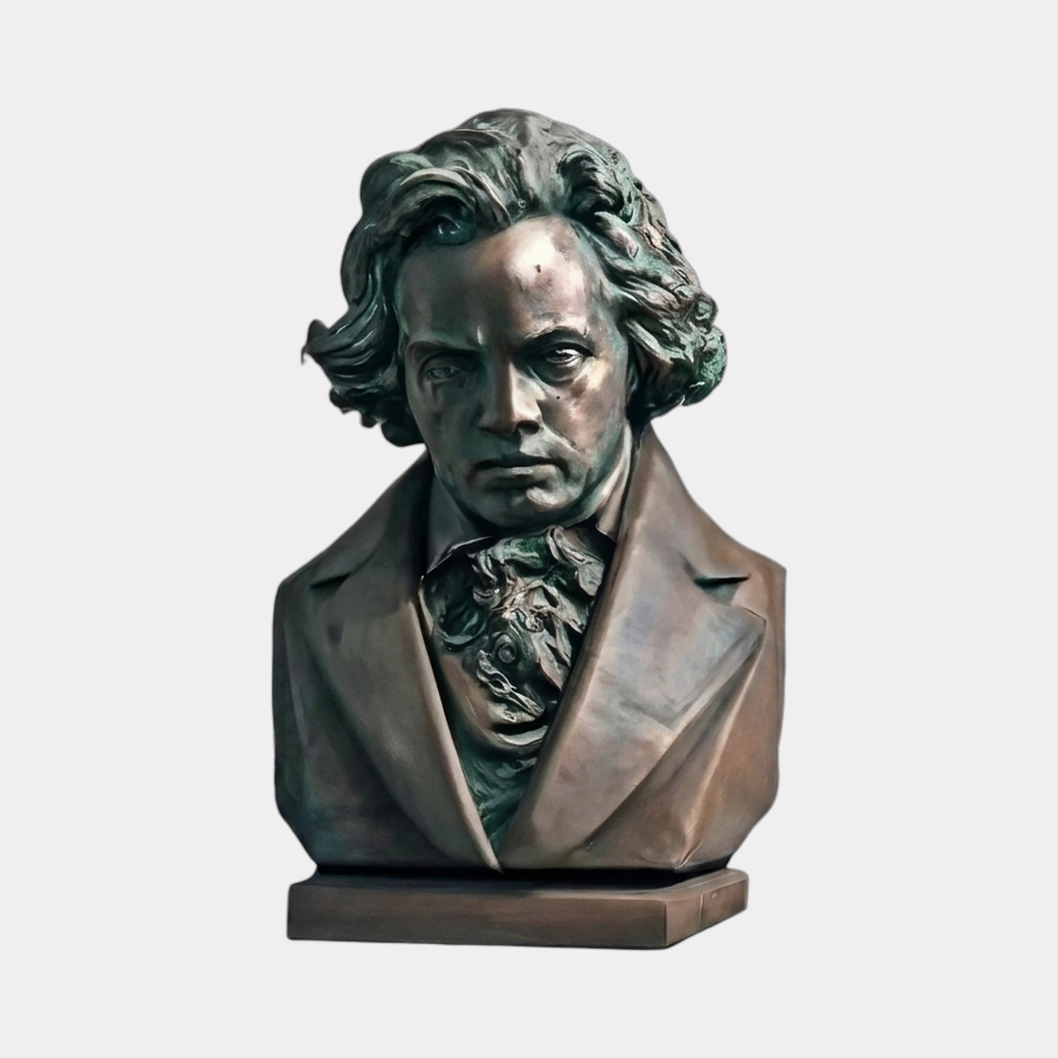 Classical Male Historical Figure Bronze Bust by Giant Sculptures, 60cm, front view showing windswept hair, ruffled cravat, and green verdigris patina on a dark plinth.