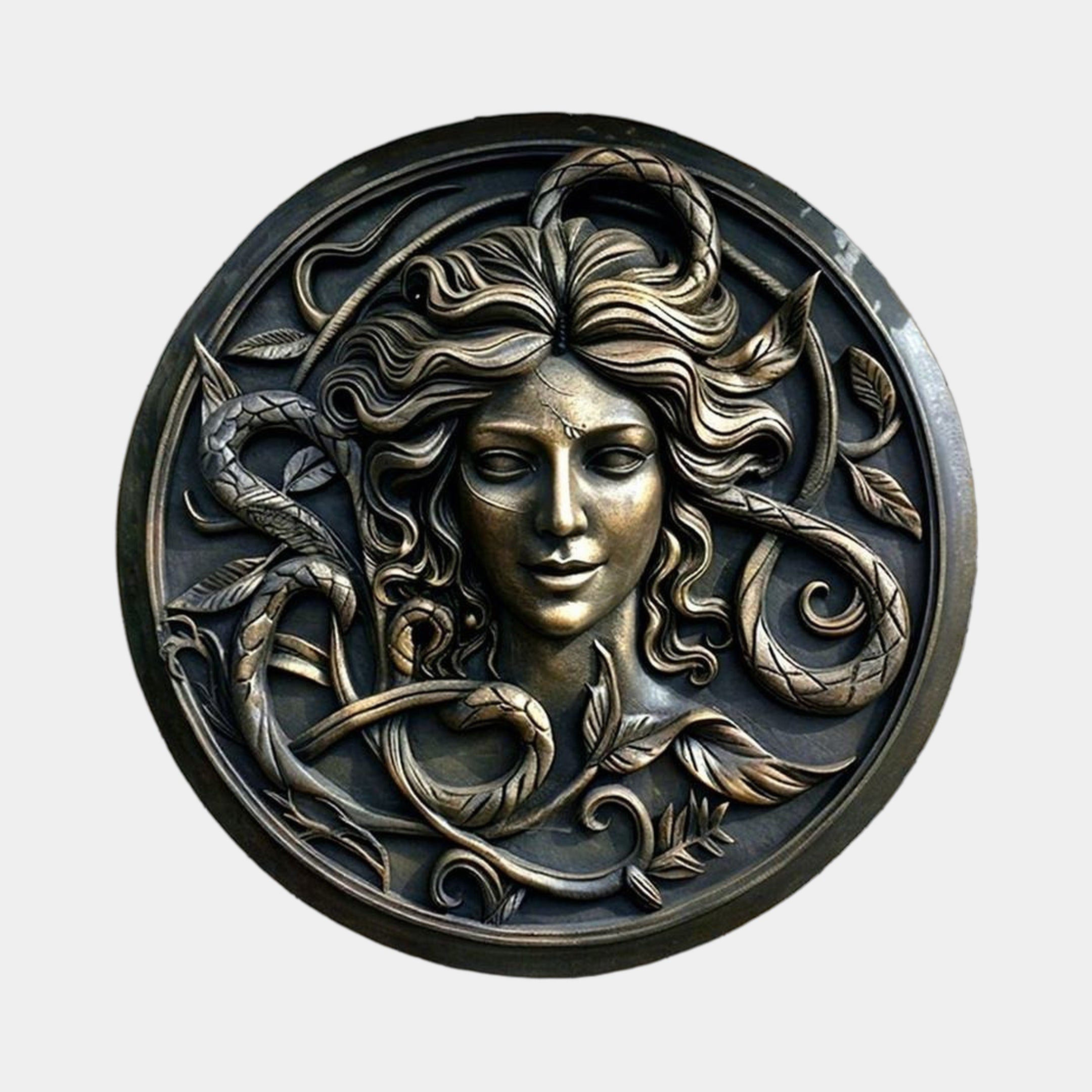 Classical Medusa Head Bronze Relief 80cm by Giant Sculptures, a circular wall medallion with serpents, flowing hair, and foliage in antique gold-bronze patina.