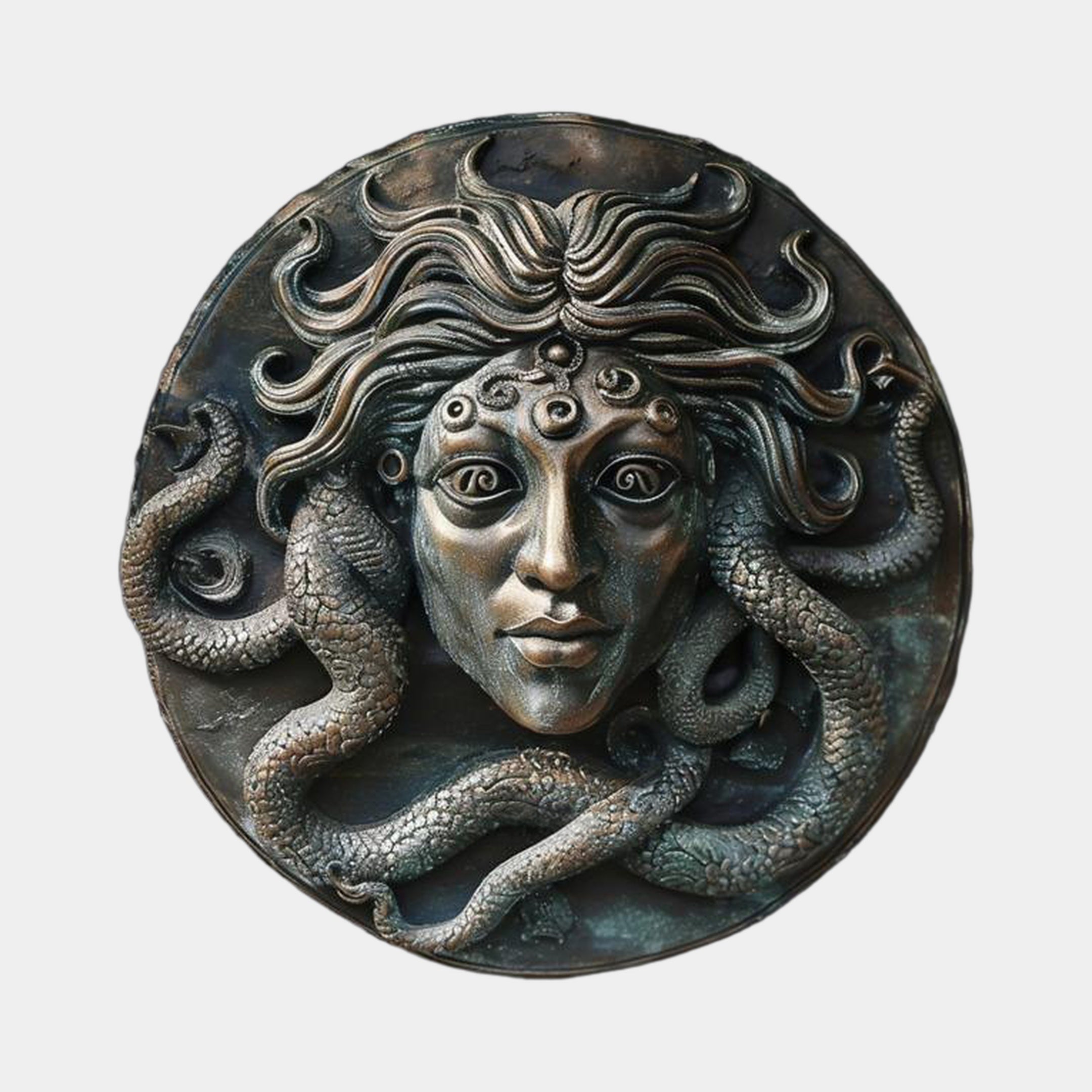 Classical Medusa Head Bronze Relief by Giant Sculptures, 80cm circular wall medallion with serpent hair and antique patina, shown against a plain light grey background.