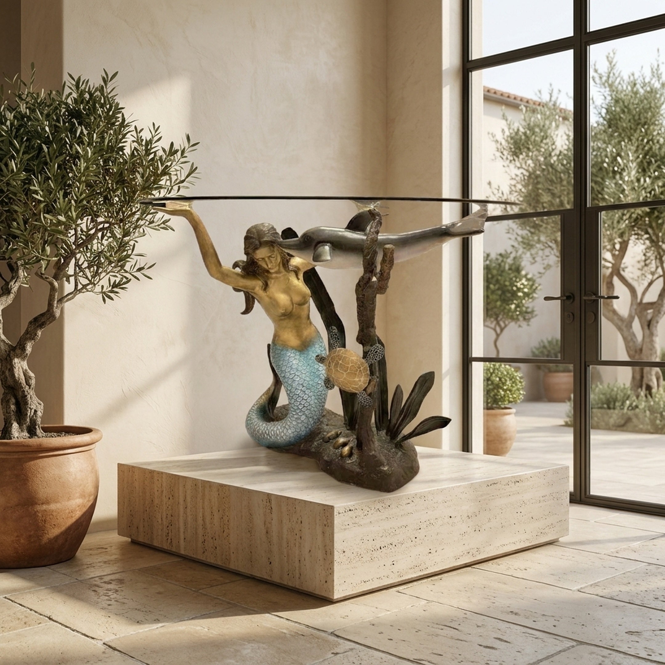 Giant Sculptures Classical Mermaid and Dolphin Bronze Sculpture 90cm with glass top, polychrome mermaid, silver dolphin and turtle, on travertine plinth indoors.