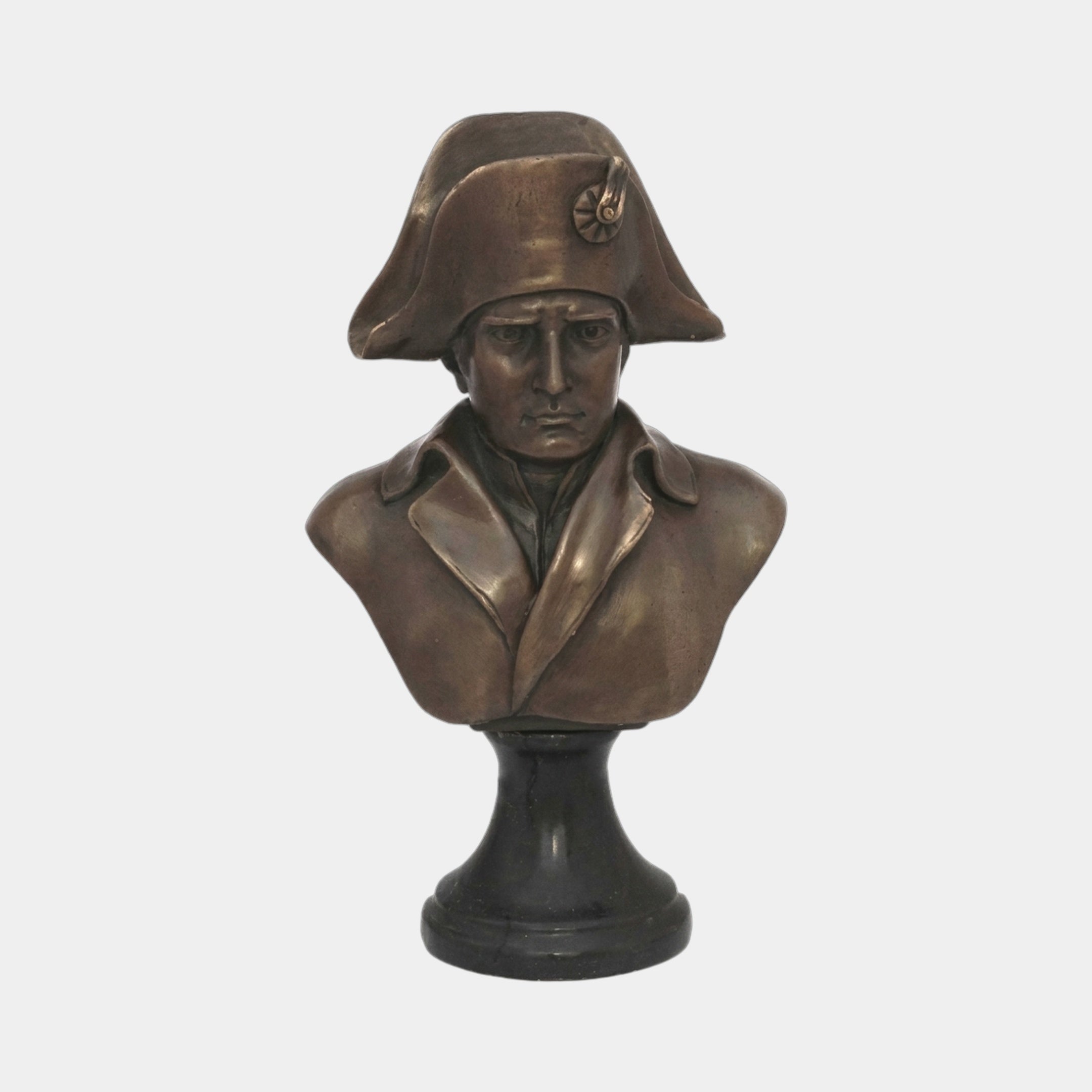 Classical Military Bust Bronze Bust by Giant Sculptures, 60cm forward-facing figure in bicorne hat and coat with warm brown patina on a black stepped pedestal.
