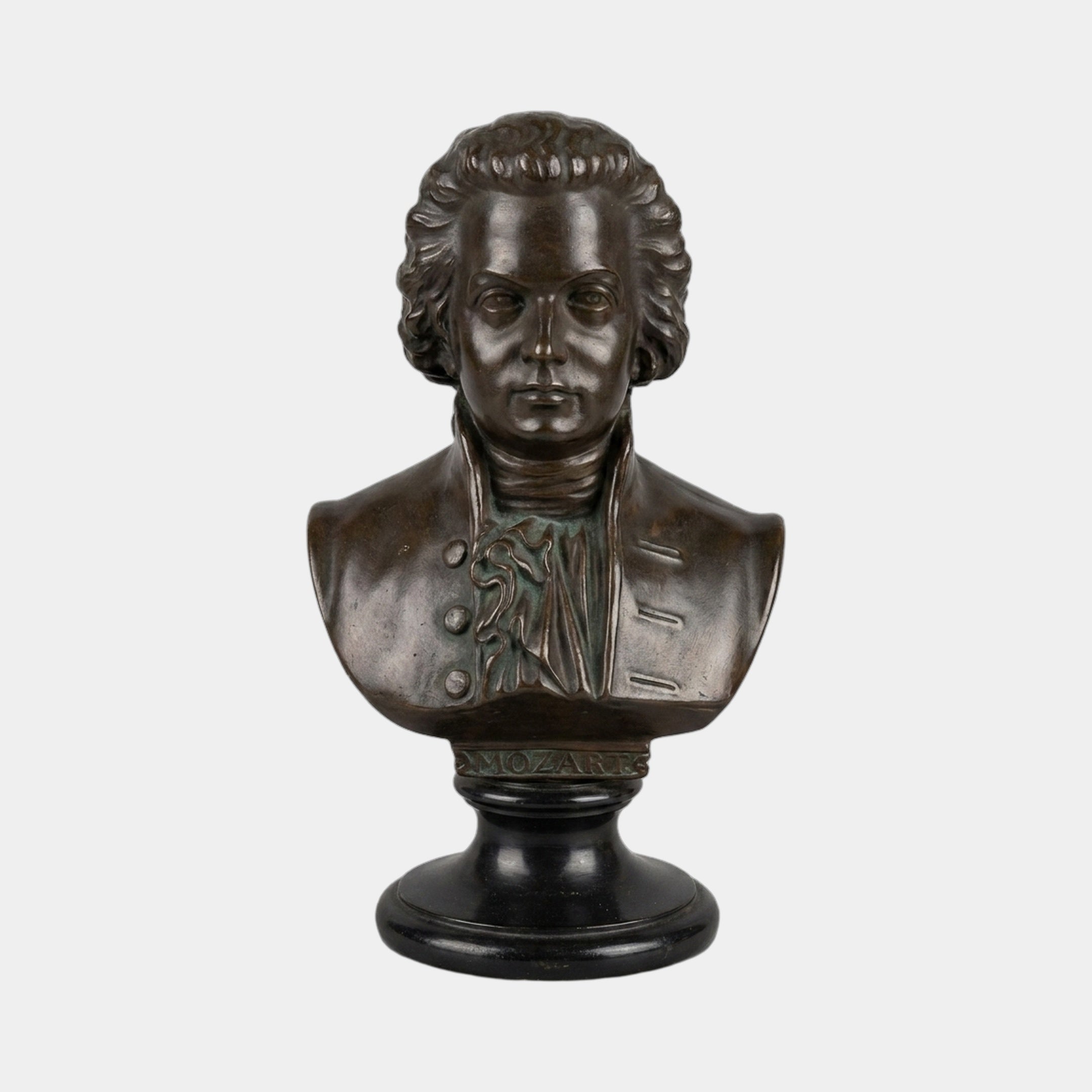 Giant Sculptures' Classical Mozart Composer Bronze Bust, 55cm, shown front-facing with curled wig and period coat in dark patina on a black turned pedestal.