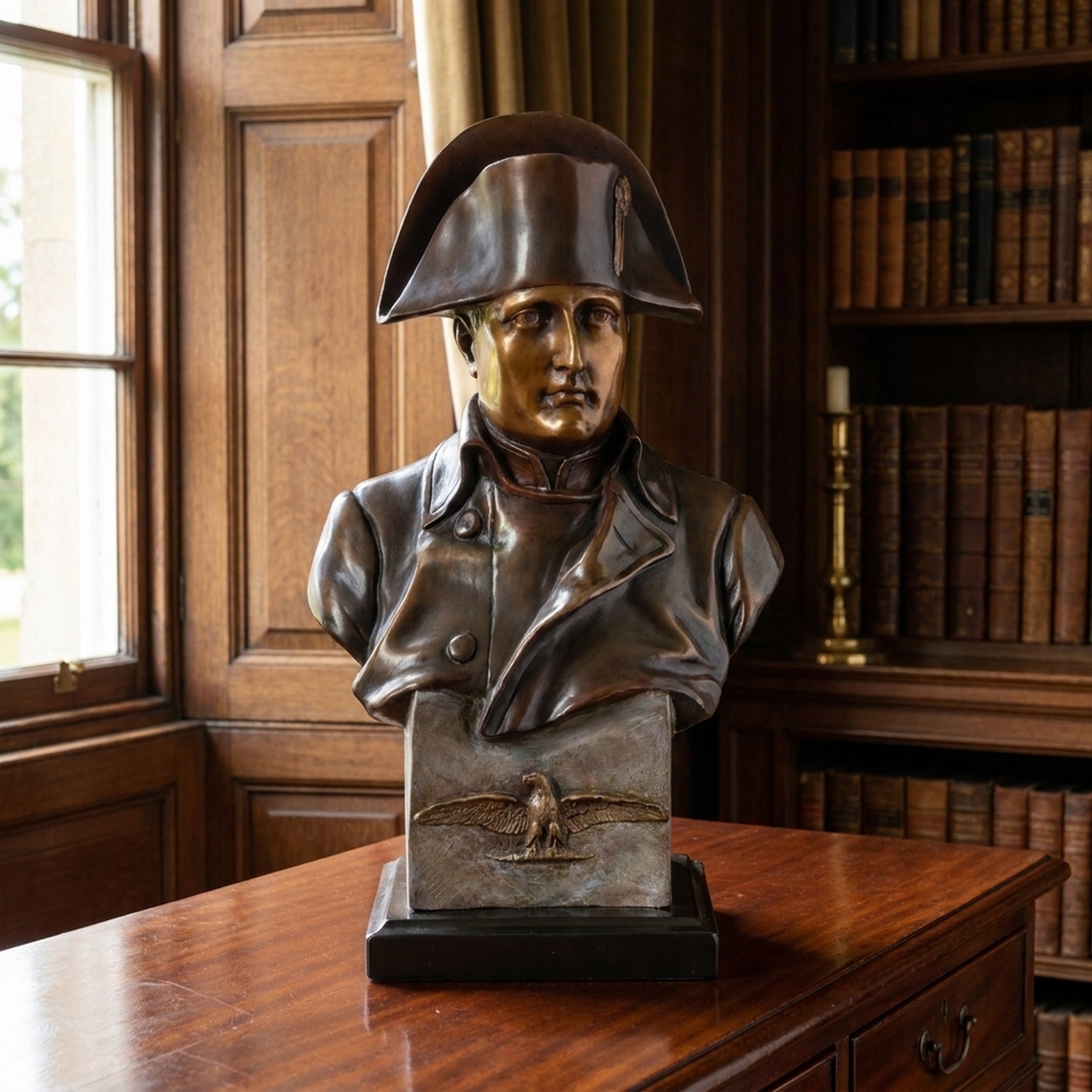 Classical Napoleon Bonaparte Military Bronze Bust by Giant Sculptures, in bicorne hat and uniform with eagle relief plinth, displayed on a desk in a wood-panelled library.
