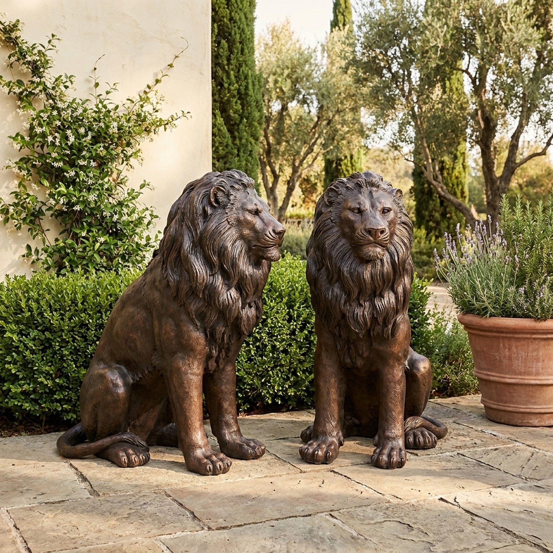 Classical Paired Sentinel Lions Bronze Sculpture by Giant Sculptures, two 130cm seated lions with warm brown patina on a stone patio beside hedges and lavender.