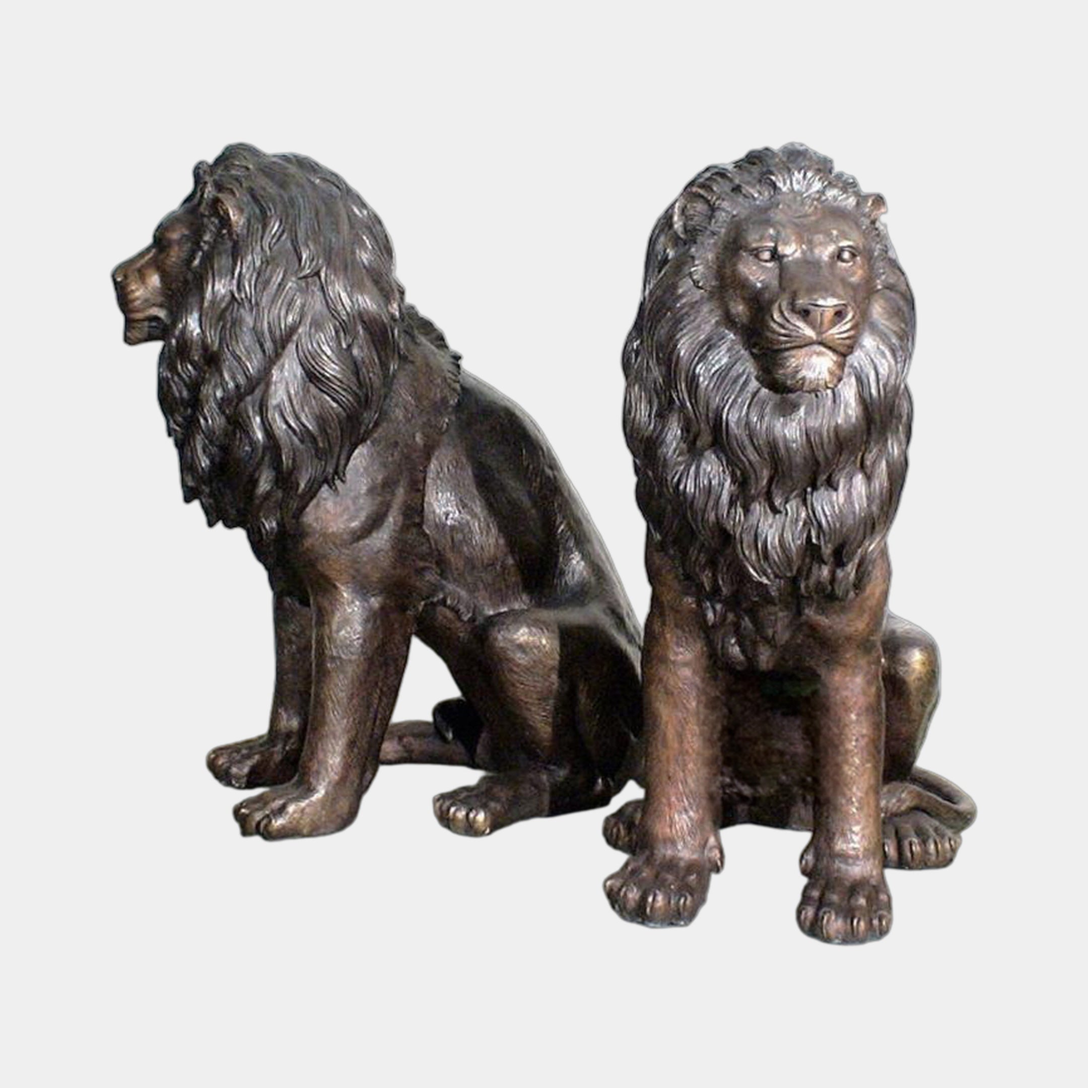 Classical Paired Sentinel Lions Bronze Sculpture by Giant Sculptures, two 130cm seated lions in warm brown patina, one in left profile, one facing forward.