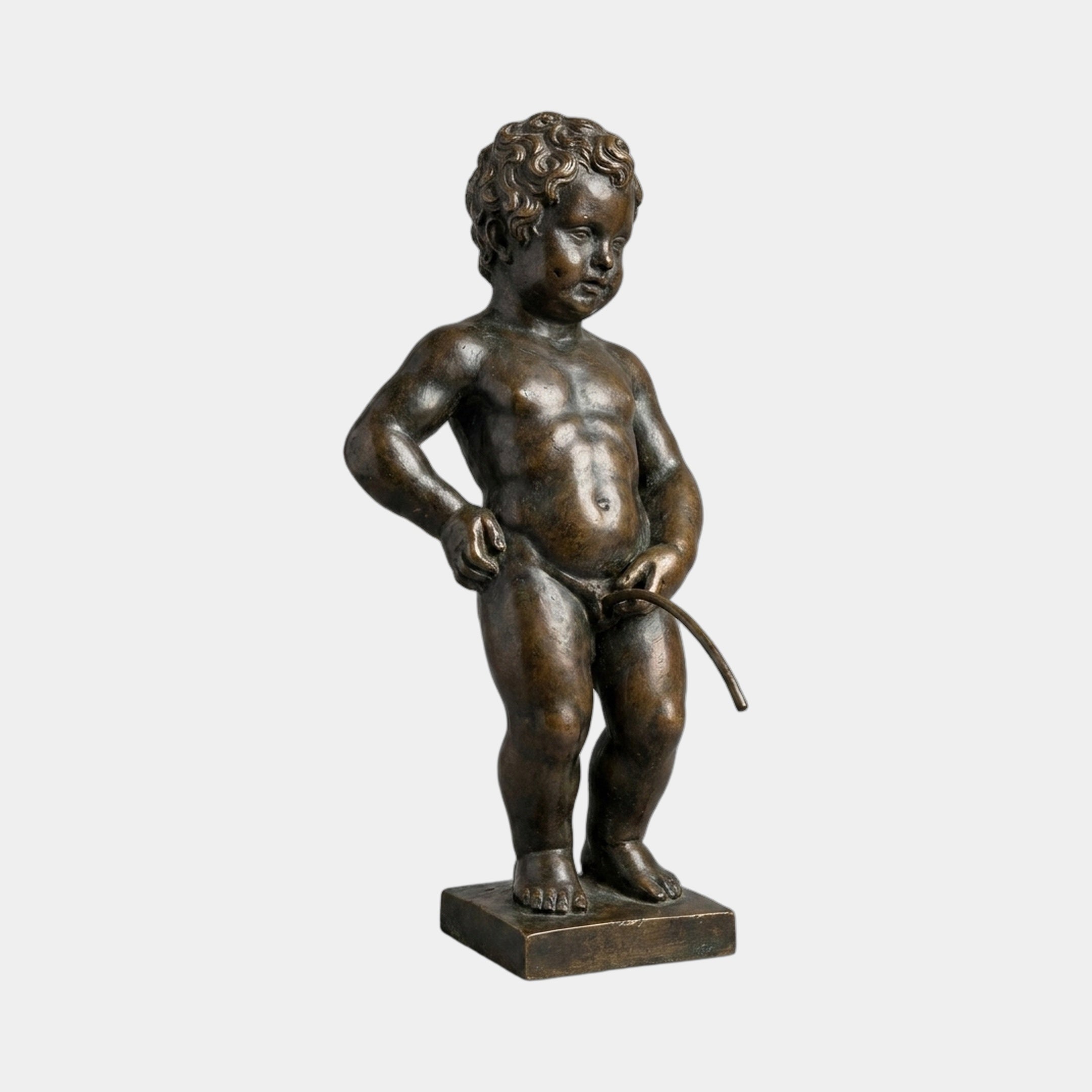 Classical Peeing Boy Bronze Fountain 80cm by Giant Sculptures, a curly-haired child figure with dark brown patina on a square base, shown on plain background.