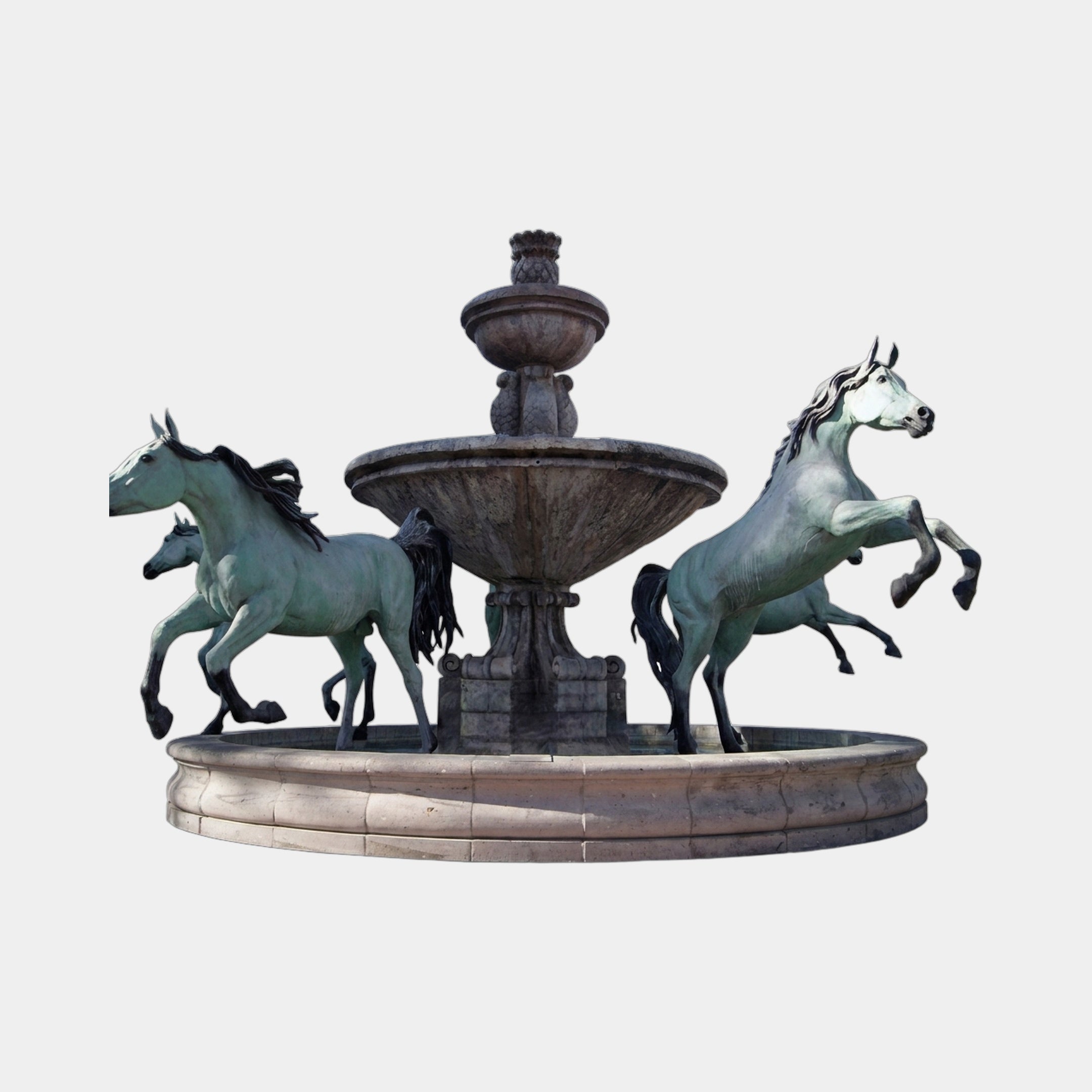Giant Sculptures Classical Rearing Horses and Tiered Fountain Bronze Sculpture 250cm with verdigris bronze horses around a pale stone tiered basin.