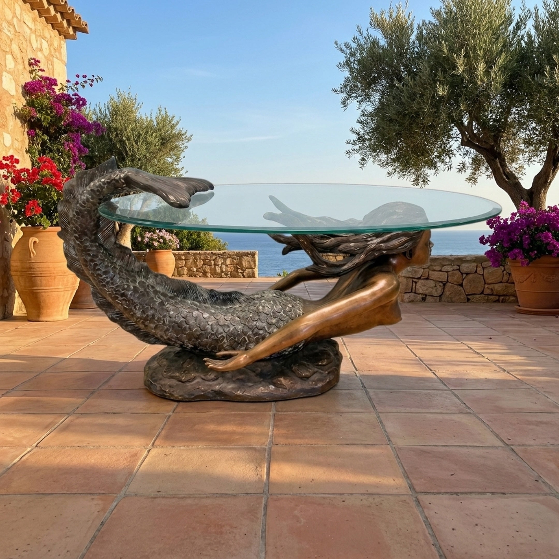 Classical Reclining Mermaid Bronze Table Sculpture by Giant Sculptures on a terracotta-tiled terrace, her arched tail and raised hands supporting a round glass top.