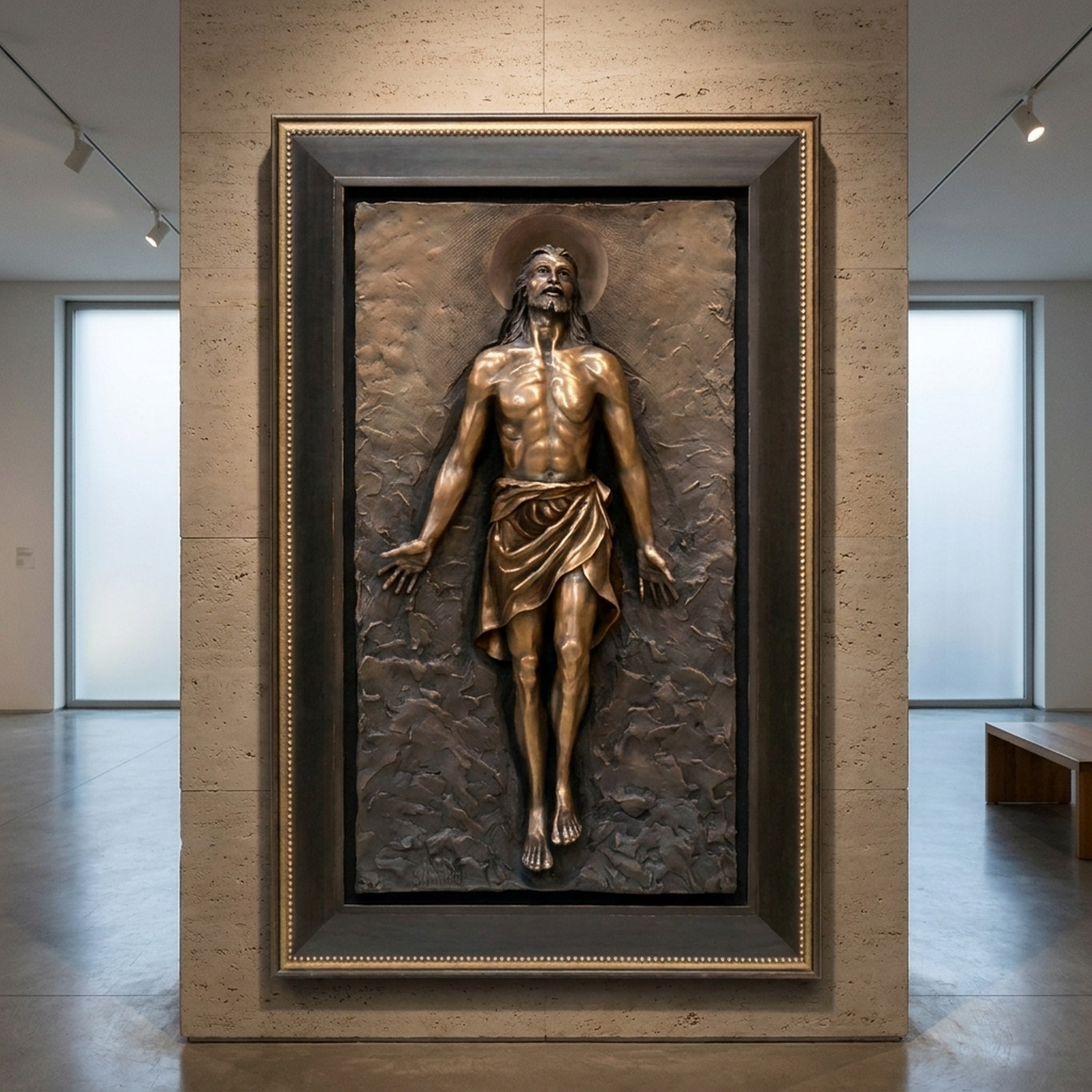 Classical Risen Christ Figure Bronze Relief by Giant Sculptures, 150cm wall-mounted work with golden figure and halo on dark textured panel in a gallery interior.