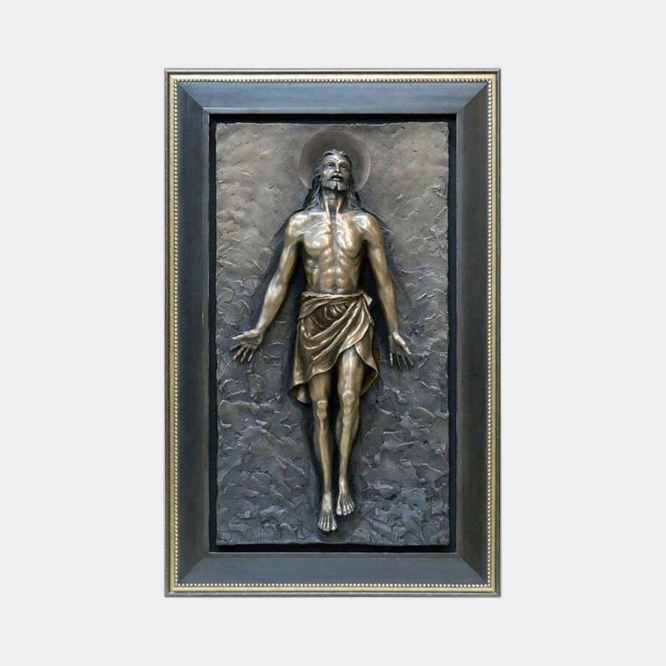 Classical Risen Christ Figure Bronze Relief by Giant Sculptures, 150cm, showing the frontal full-length figure with open arms and golden halo within a dark beaded frame.