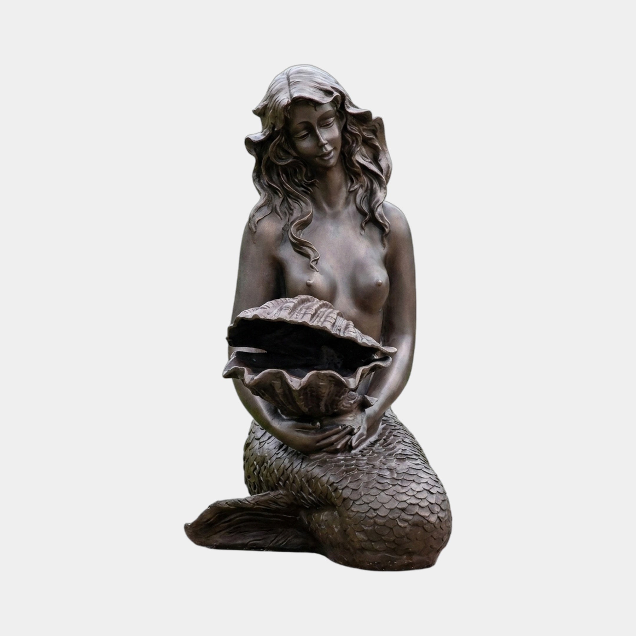 Classical Seated Mermaid Bronze Fountain by Giant Sculptures, 90cm tall with dark brown patina, seated with curled tail and cradling an open clamshell.