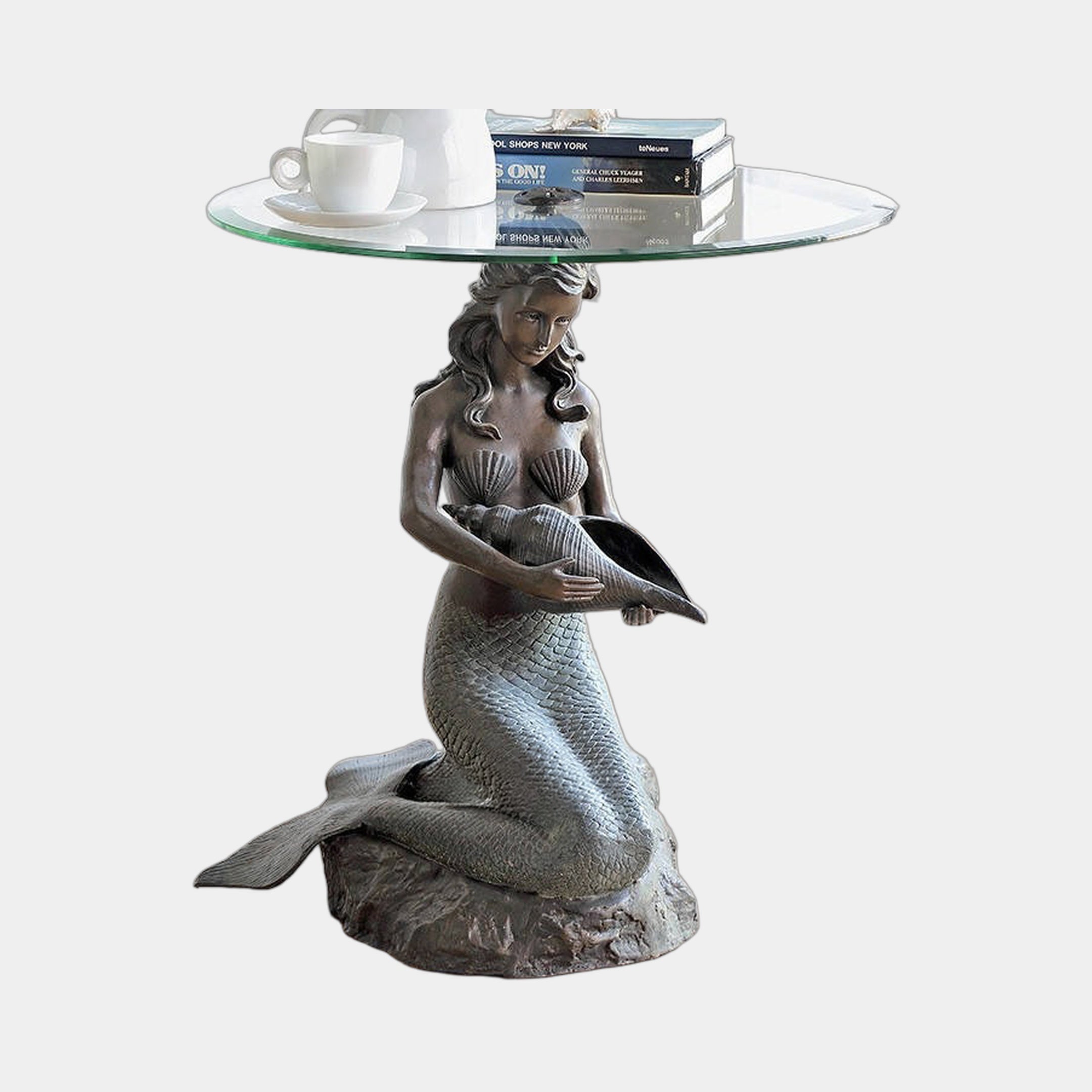Classical Seated Mermaid Bronze Sculpture Table by Giant Sculptures, 75cm, with dark patinated mermaid holding a conch beneath a round clear glass top.