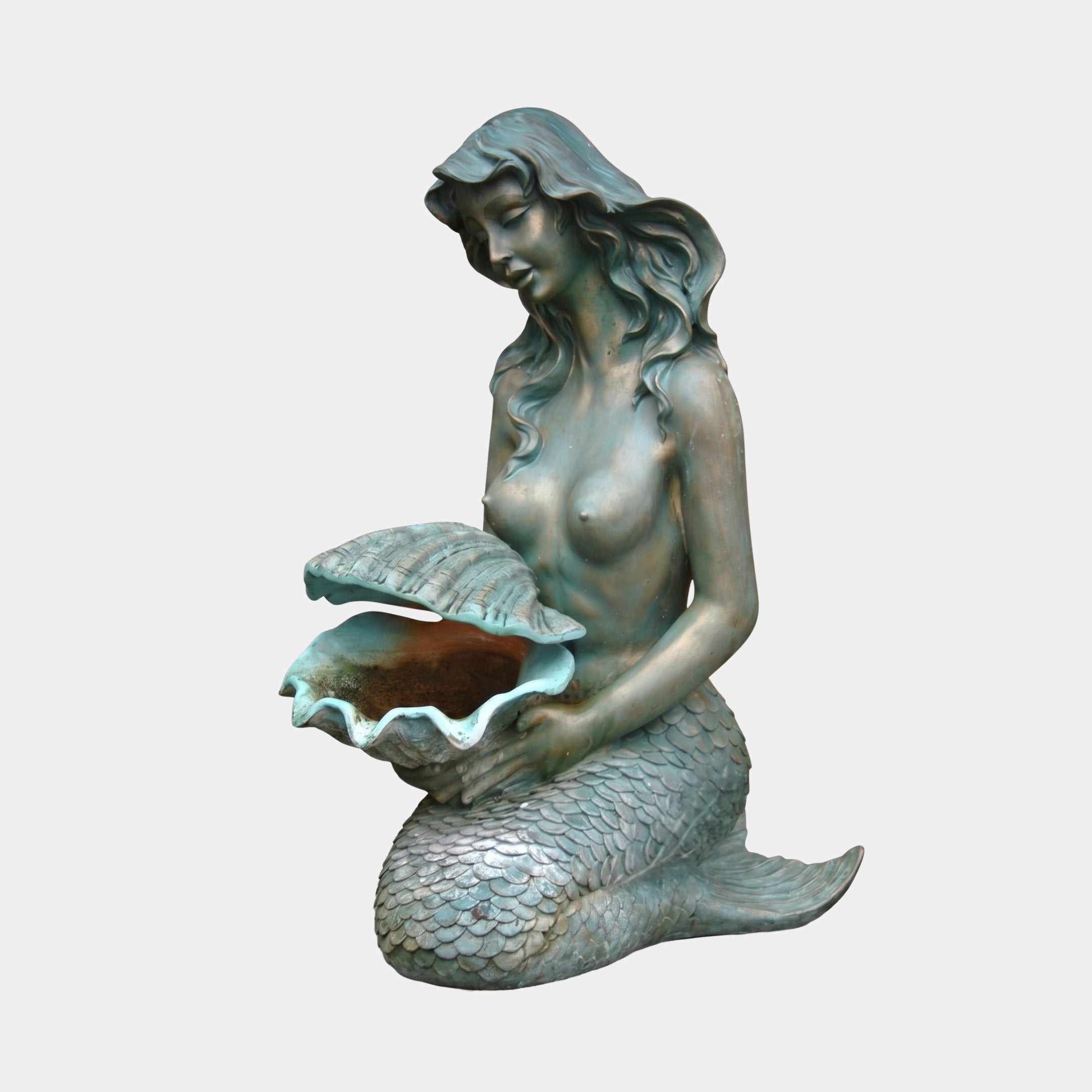 Classical Seated Mermaid with Clam Shell Bronze Fountain by Giant Sculptures, 120cm verdigris patina figure cradling an open ribbed shell, on plain background.