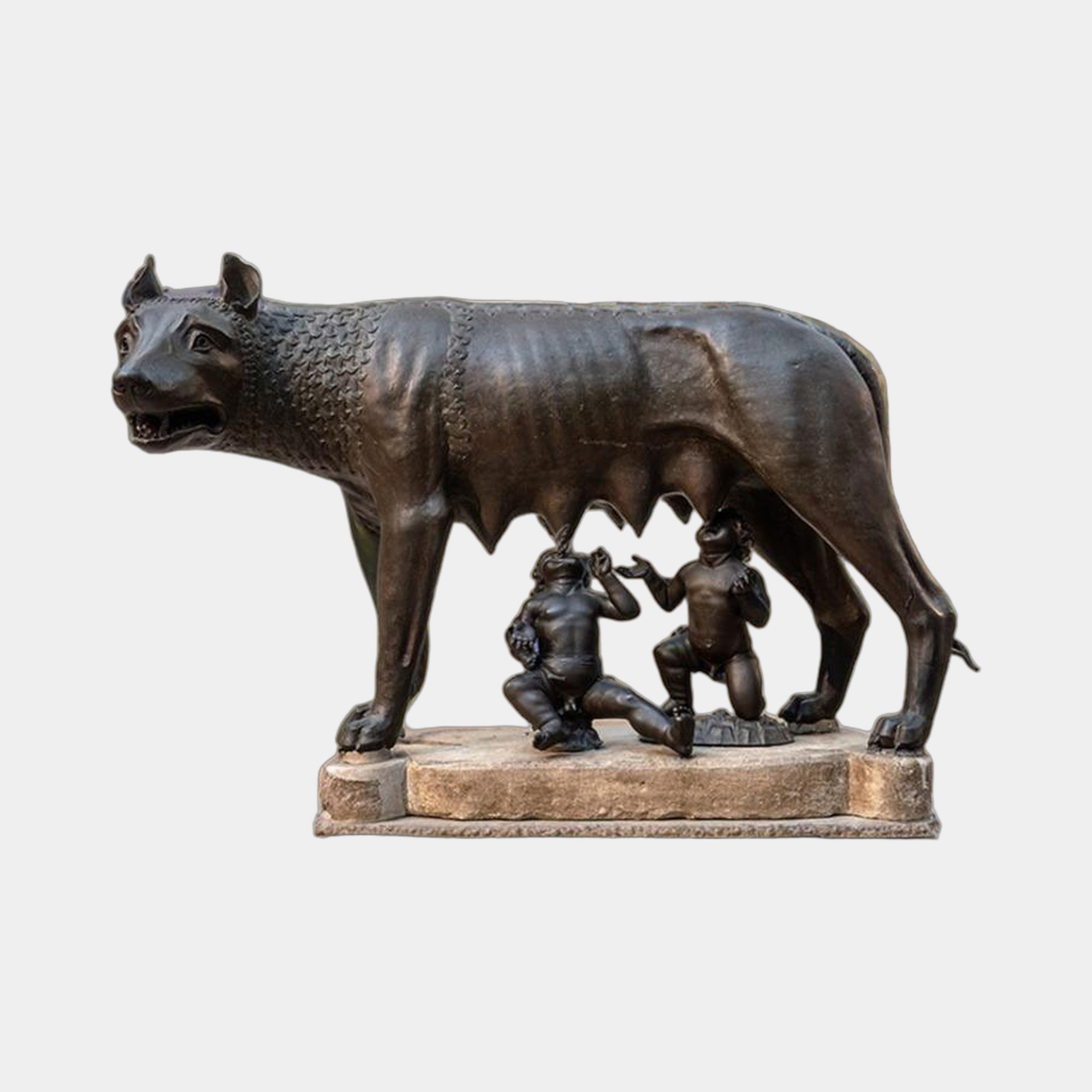 Classical She-Wolf Nursing Two Infants Bronze Sculpture by Giant Sculptures, 85cm cast bronze with dark patina on a rough stone base, side view.