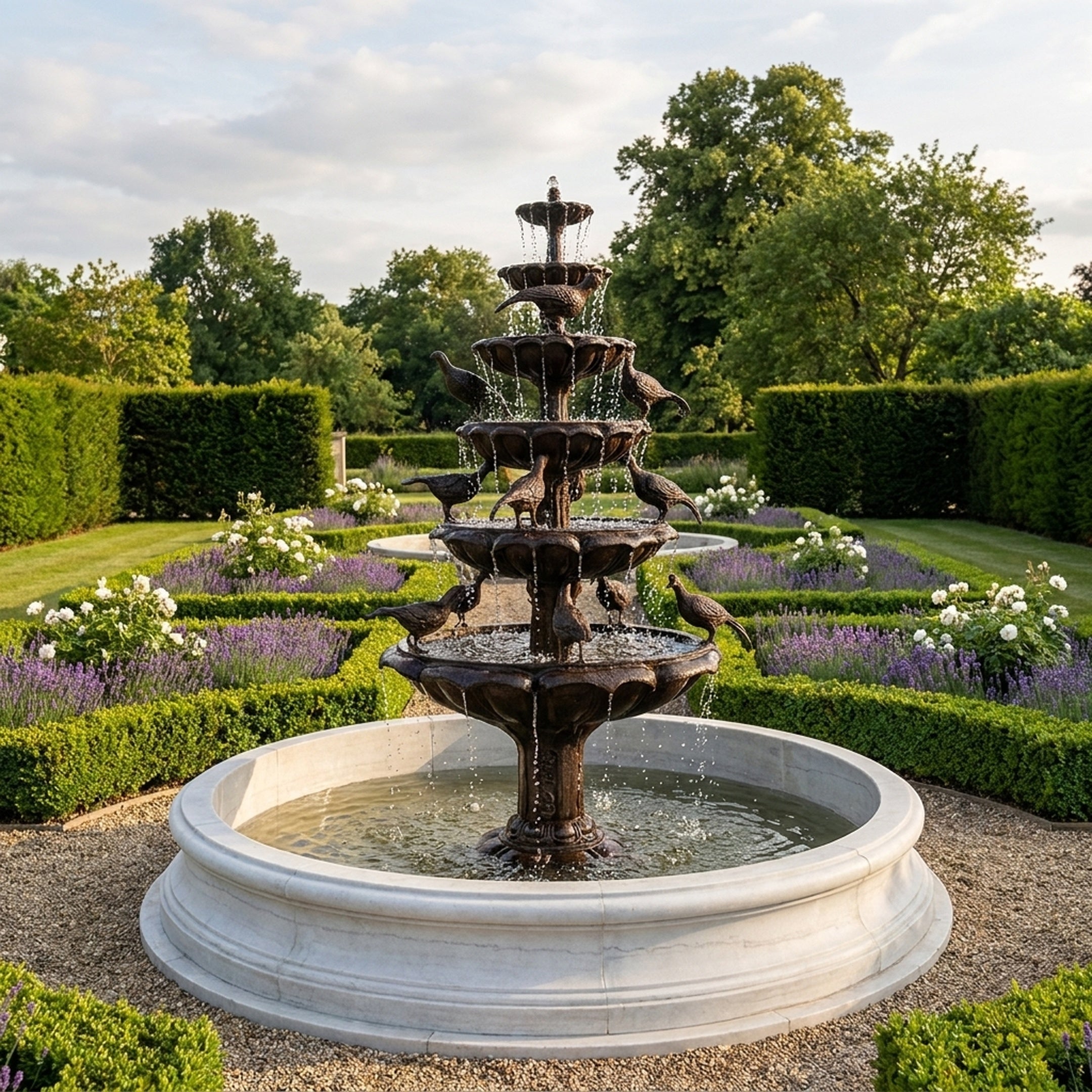 Classical Tiered Bird Fountain by Giant Sculptures, 250cm bronze five-tier fountain with perched birds and white marble pool in a formal lavender garden.