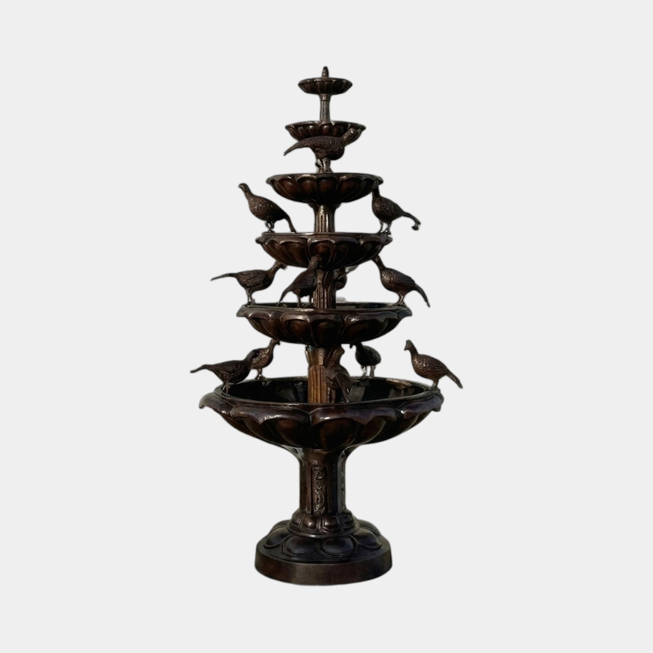 Giant Sculptures Classical Tiered Bird Fountain in cast bronze with five scalloped basins and perched birds on a dark patina column, shown on a plain background.