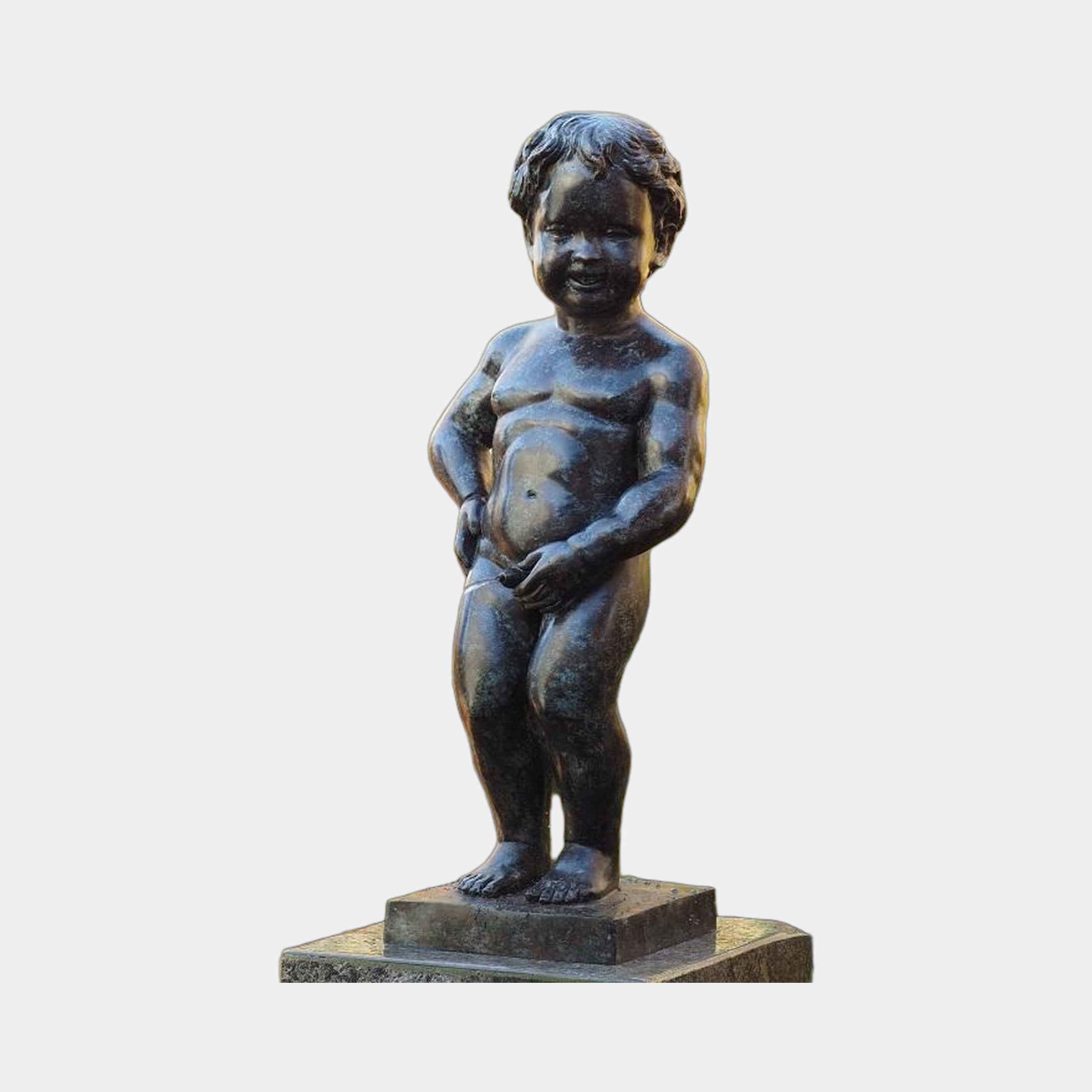 Giant Sculptures Classical Urinating Boy Bronze Fountain 130cm, dark patinated bronze figure of a smiling curly-haired child on a stone pedestal, plain background.