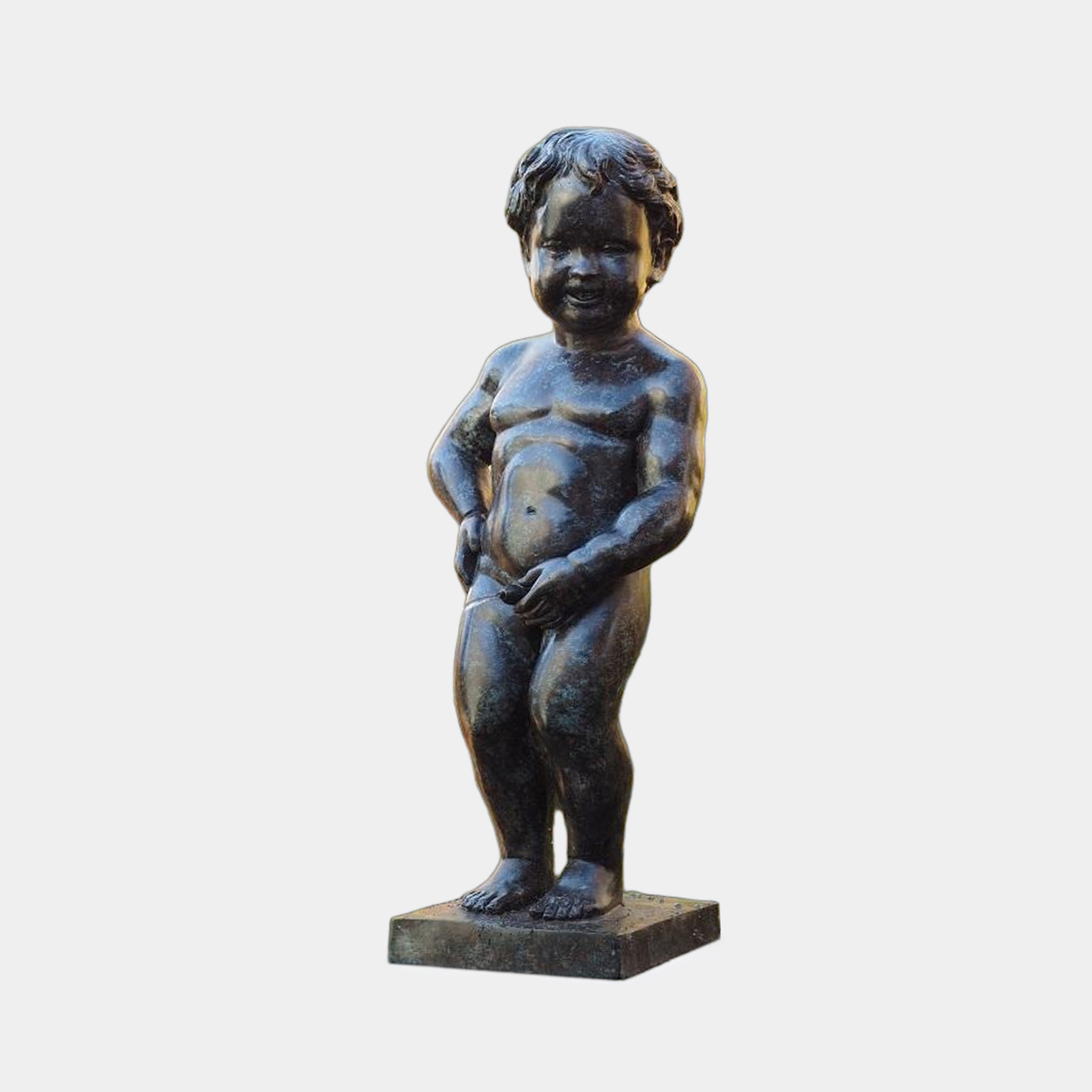 Classical Urinating Boy Bronze Fountain by Giant Sculptures, 130cm cast bronze figure of a smiling curly-haired child on a square plinth, shown on a plain background.