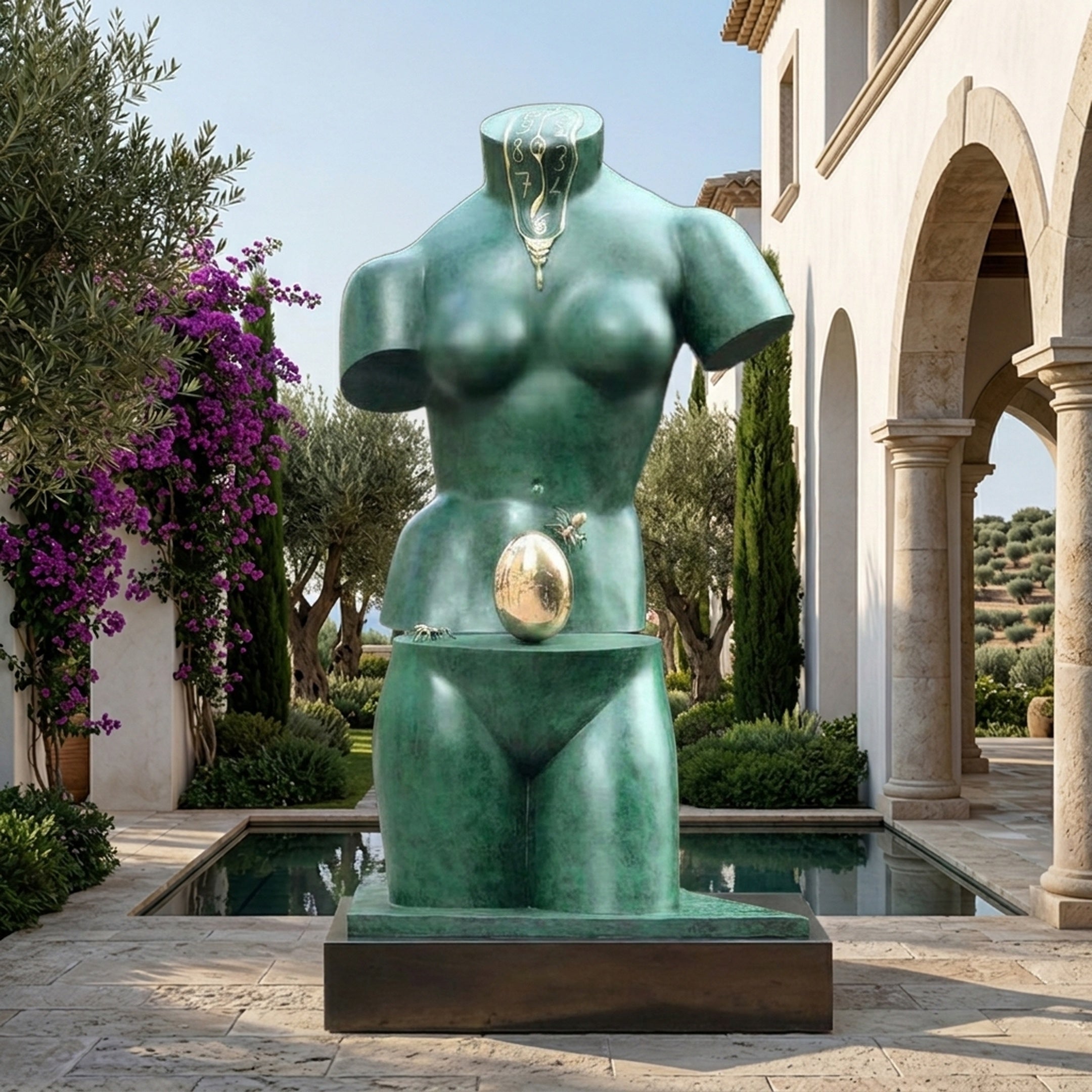 Contemporary Abstract Female Torso Bronze Sculpture by Giant Sculptures with verdigris patina and gold egg, displayed beside a reflecting pool in a Mediterranean courtyard.