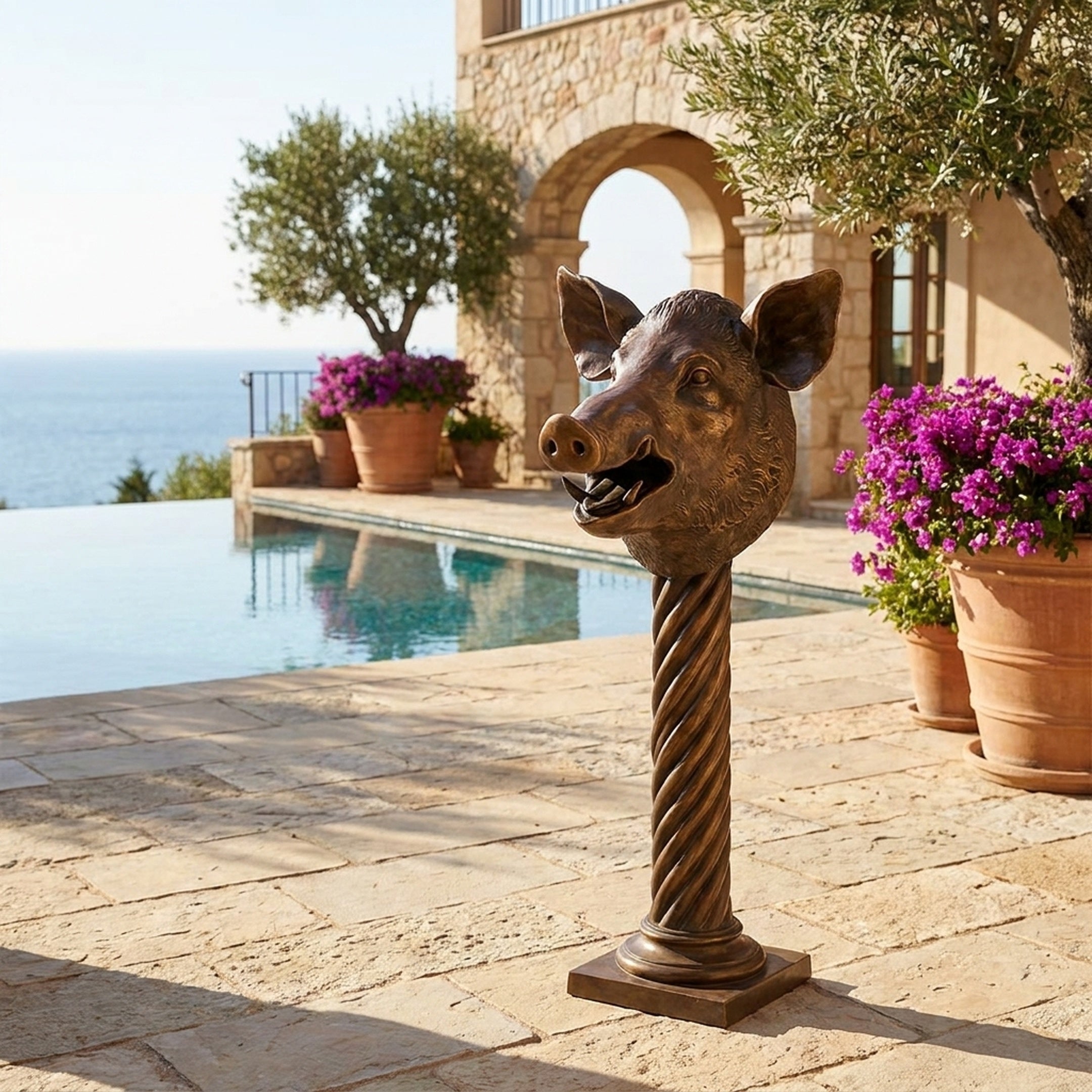 Giant Sculptures Contemporary Boar Head Bronze Sculpture on a twisted column beside a poolside terrace with terracotta planters, olive tree, and sea view.