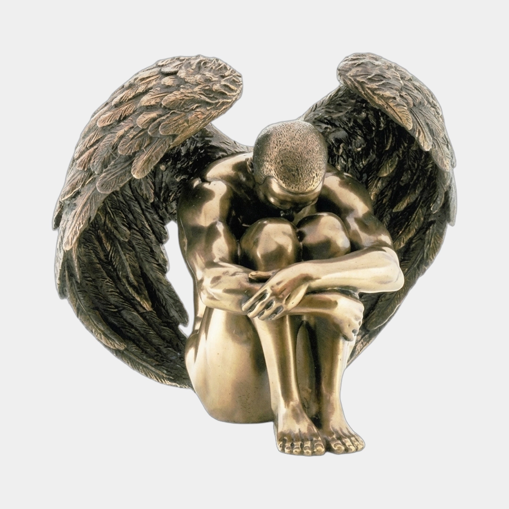 Giant Sculptures Contemporary Contemplative Angel Bronze Sculpture 50cm, polished gold seated male figure with head bowed and dark patinated wings arched behind.