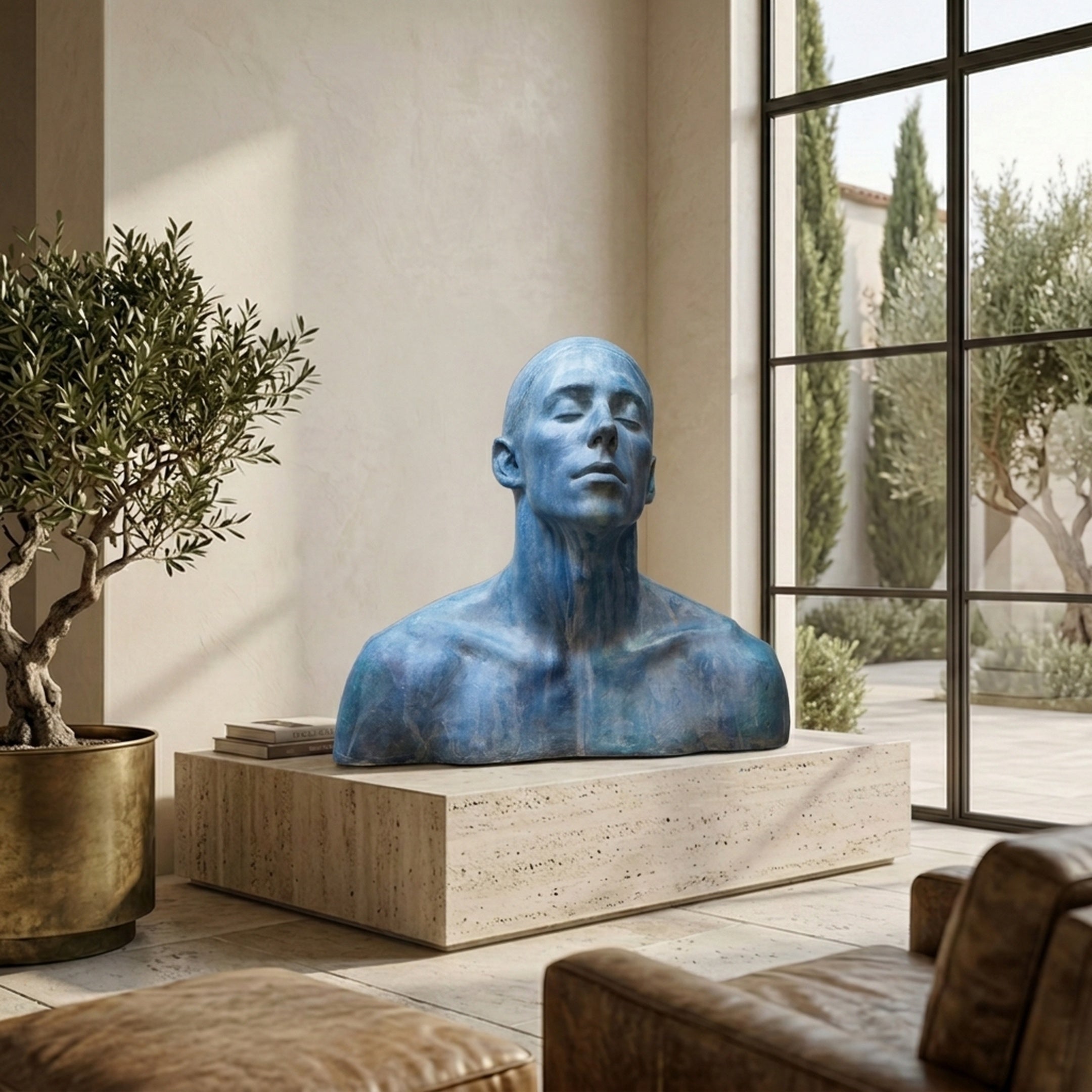Contemporary Contemplative Male Bust by Giant Sculptures with blue-green patina on a travertine plinth in a sunlit room with olive tree and tall windows.