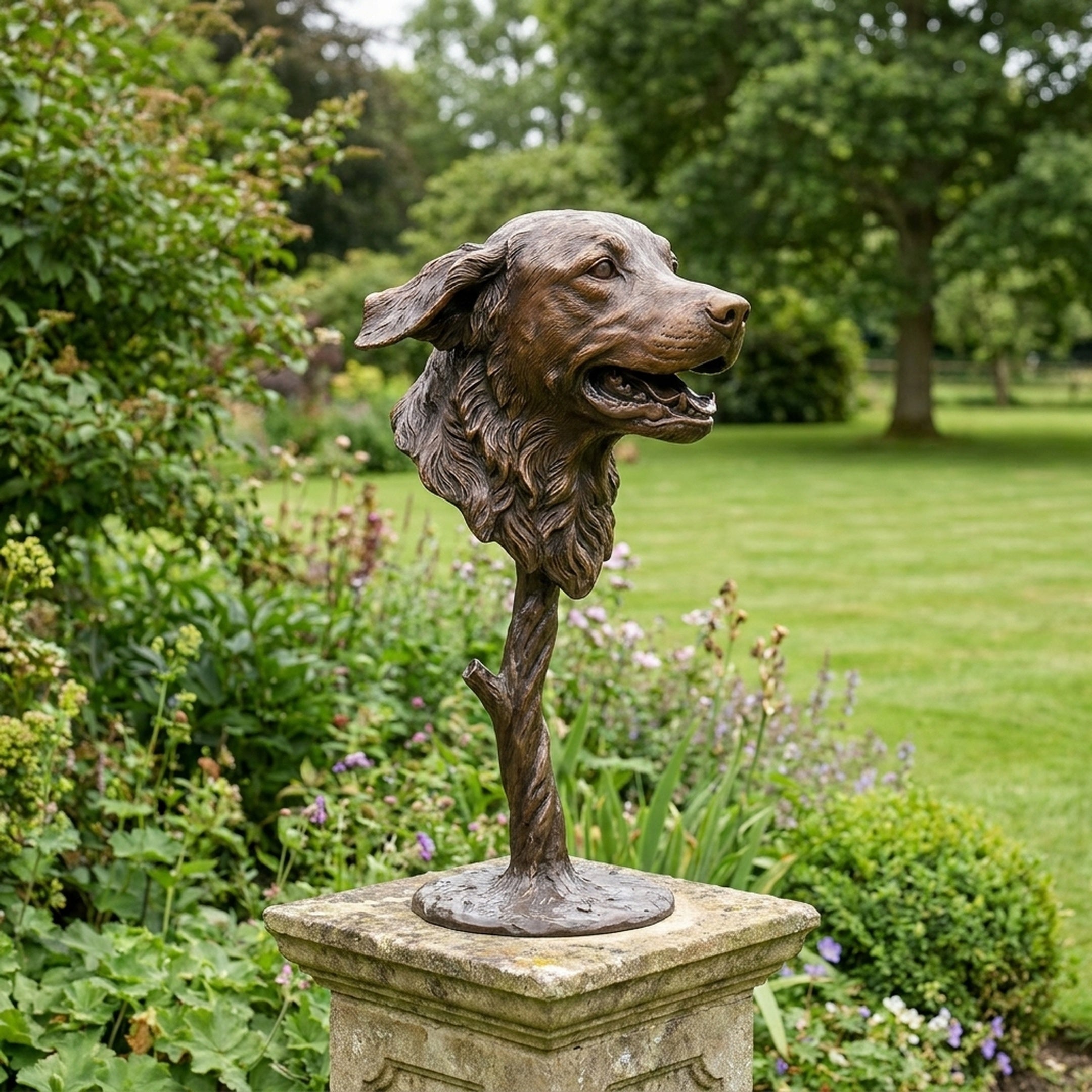 Contemporary Dog Head Bronze Sculpture by Giant Sculptures, 45cm bust with warm brown patina on a textured stem, displayed on a stone plinth in a garden.