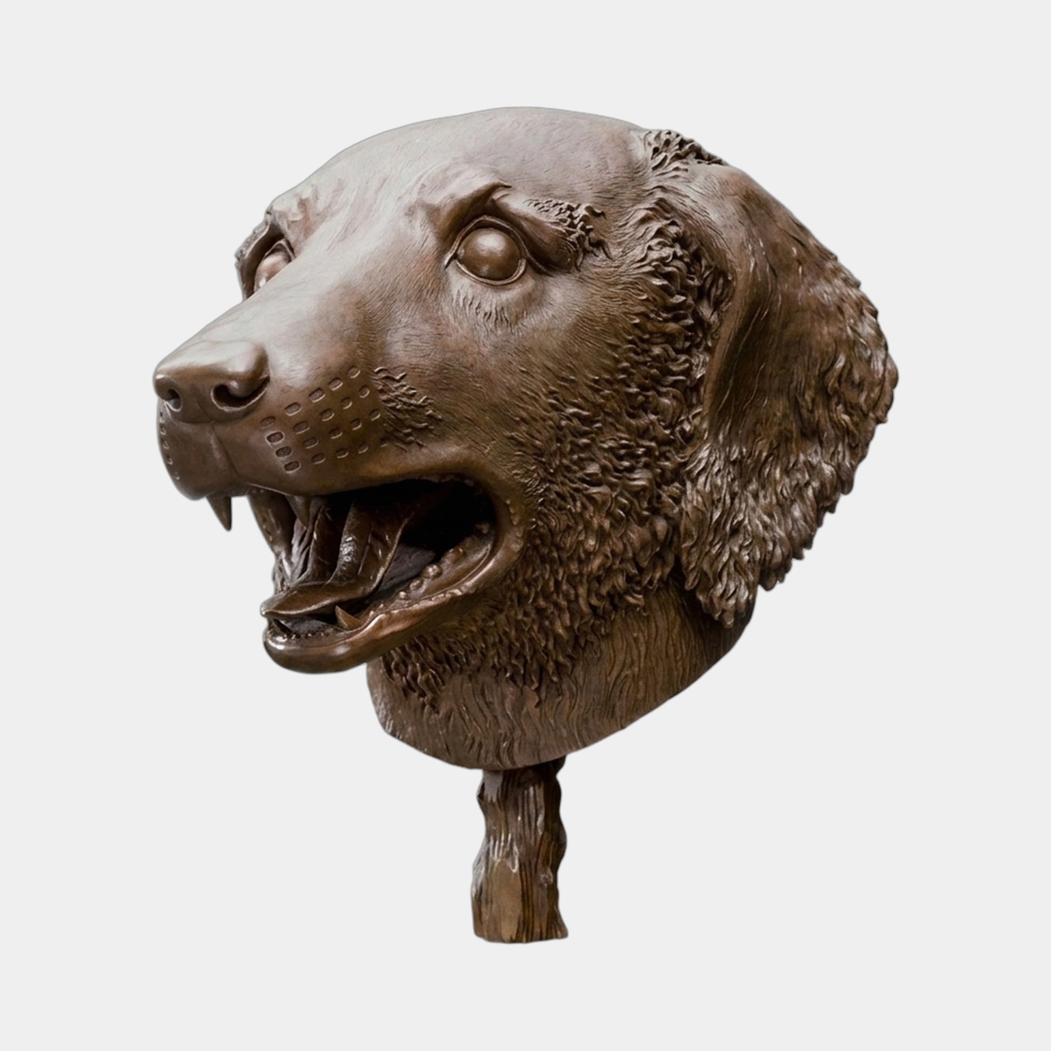 Contemporary Dog Head Bronze Sculpture by Giant Sculptures, 45cm bust with parted mouth and detailed fur, mid-brown patina, on a bark-textured mount.