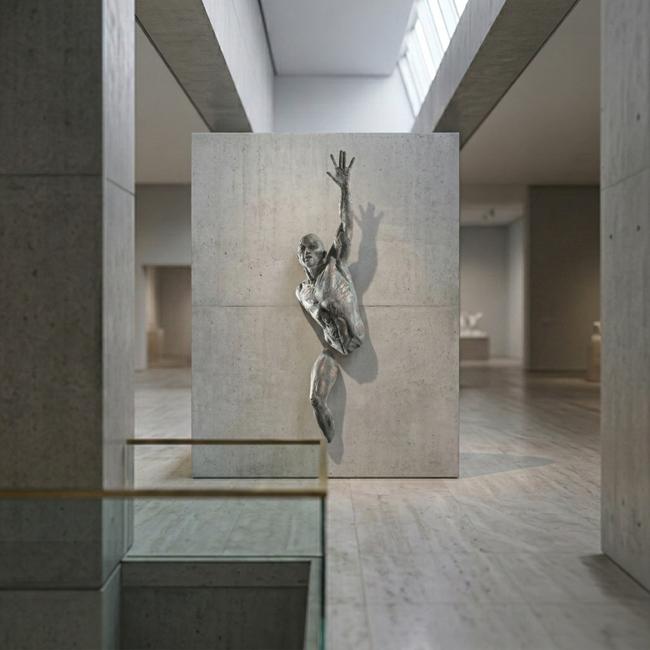 Contemporary Emerging Male Figure Bronze Relief by Giant Sculptures, 110cm muscular torso bursting from a concrete panel with arm raised, in a minimal gallery.