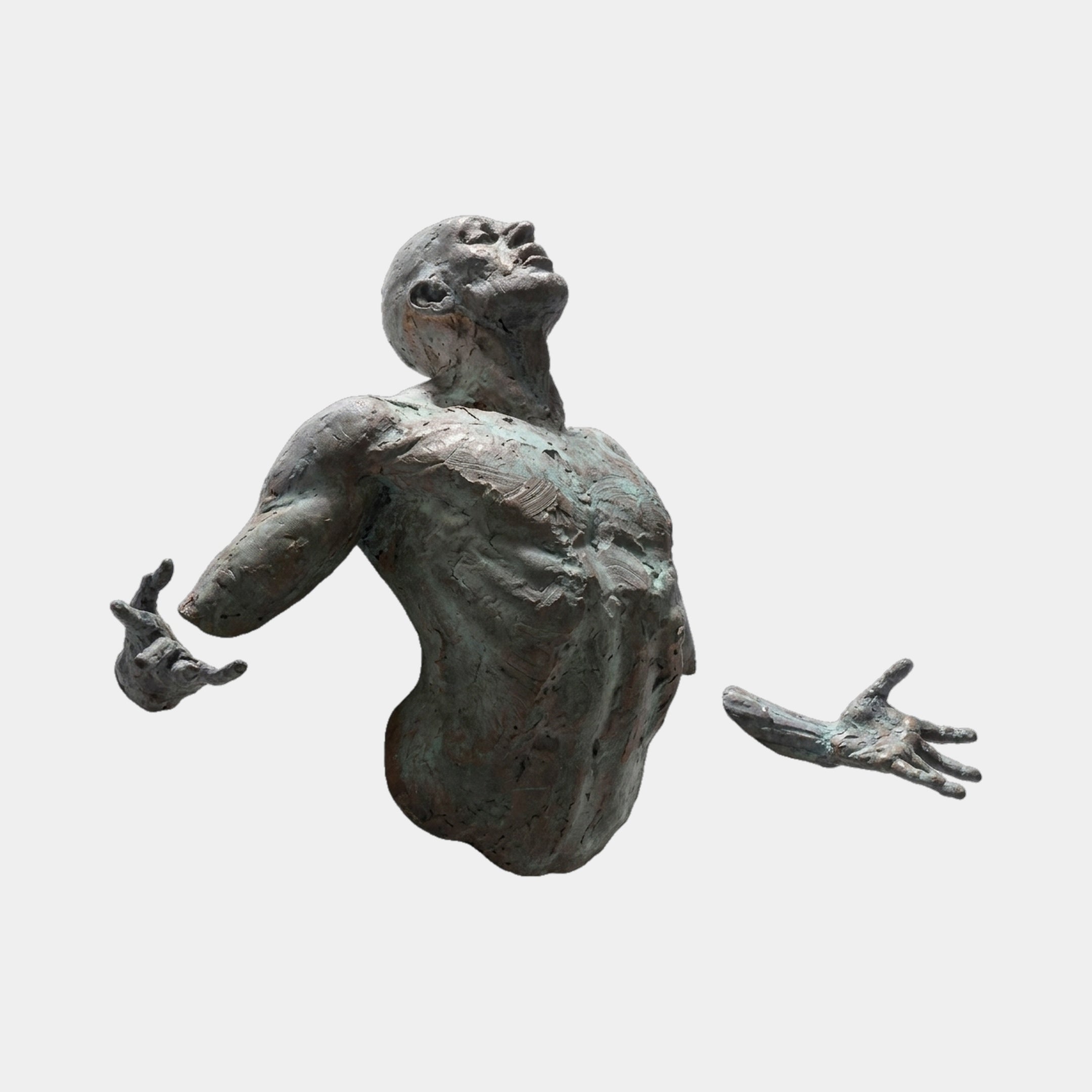 Giant Sculptures Contemporary Emerging Male Figure Bronze Relief 60cm, muscular torso with head thrown back and arms outstretched, verdigris patina on white.