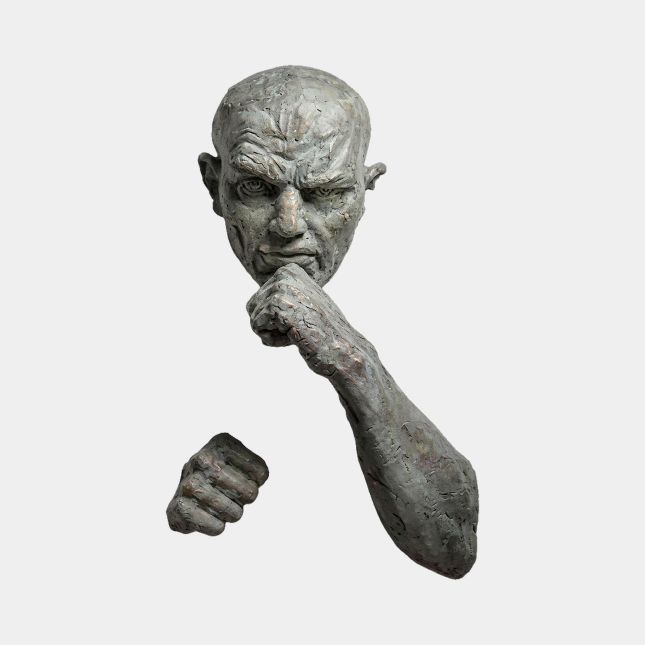 Contemporary Emerging Male Figure Bronze Wall Sculpture by Giant Sculptures, 90cm, furrowed face with fist at chin and lower clenched fist on plain grey.