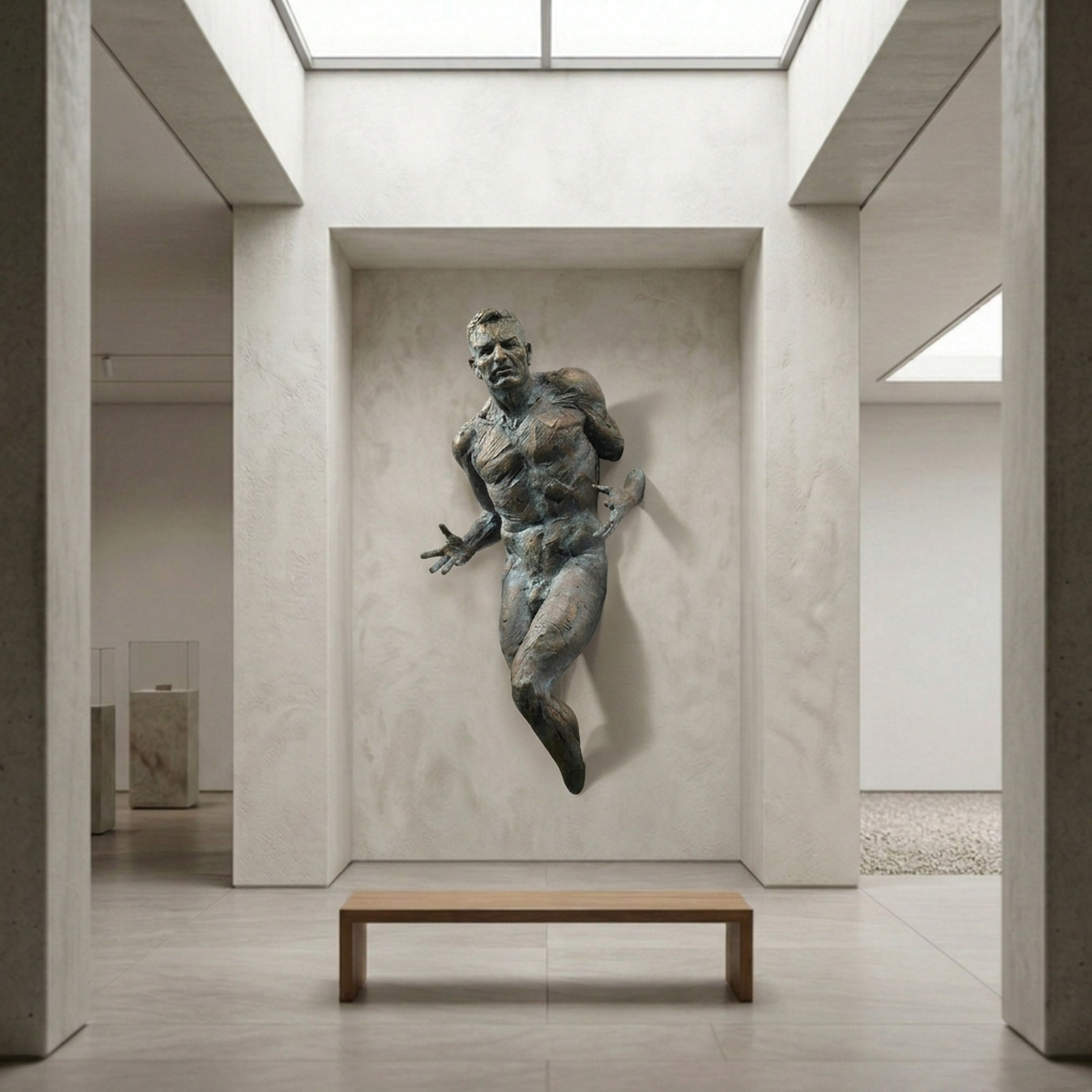 Contemporary Emerging Male Figure Bronze Wall Sculpture by Giant Sculptures, 90cm, mounted in a skylit gallery alcove above a wooden bench.