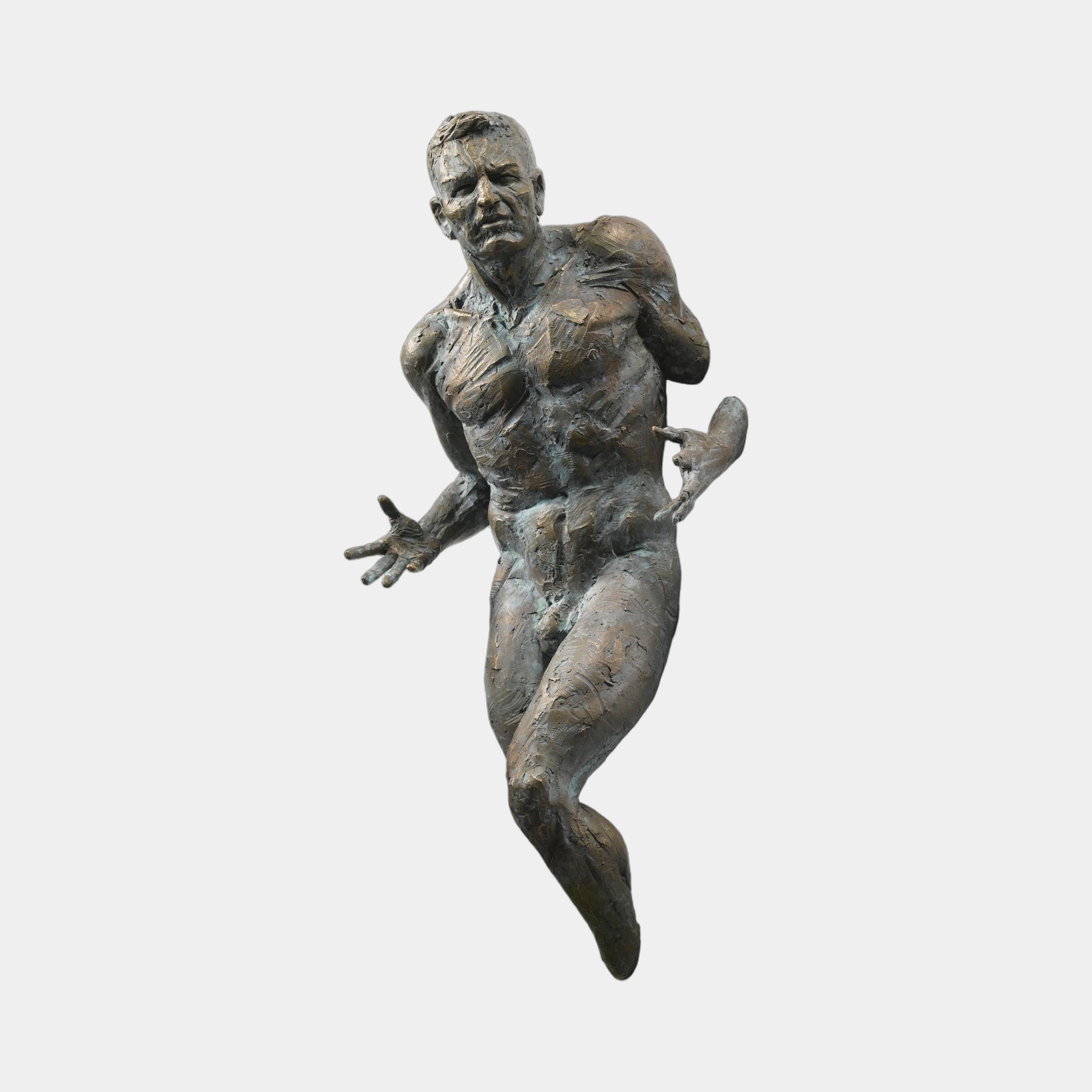 Contemporary Emerging Male Figure Bronze Wall Sculpture by Giant Sculptures, 90cm muscular figure lunging forward with arm outstretched, blue-green verdigris patina.