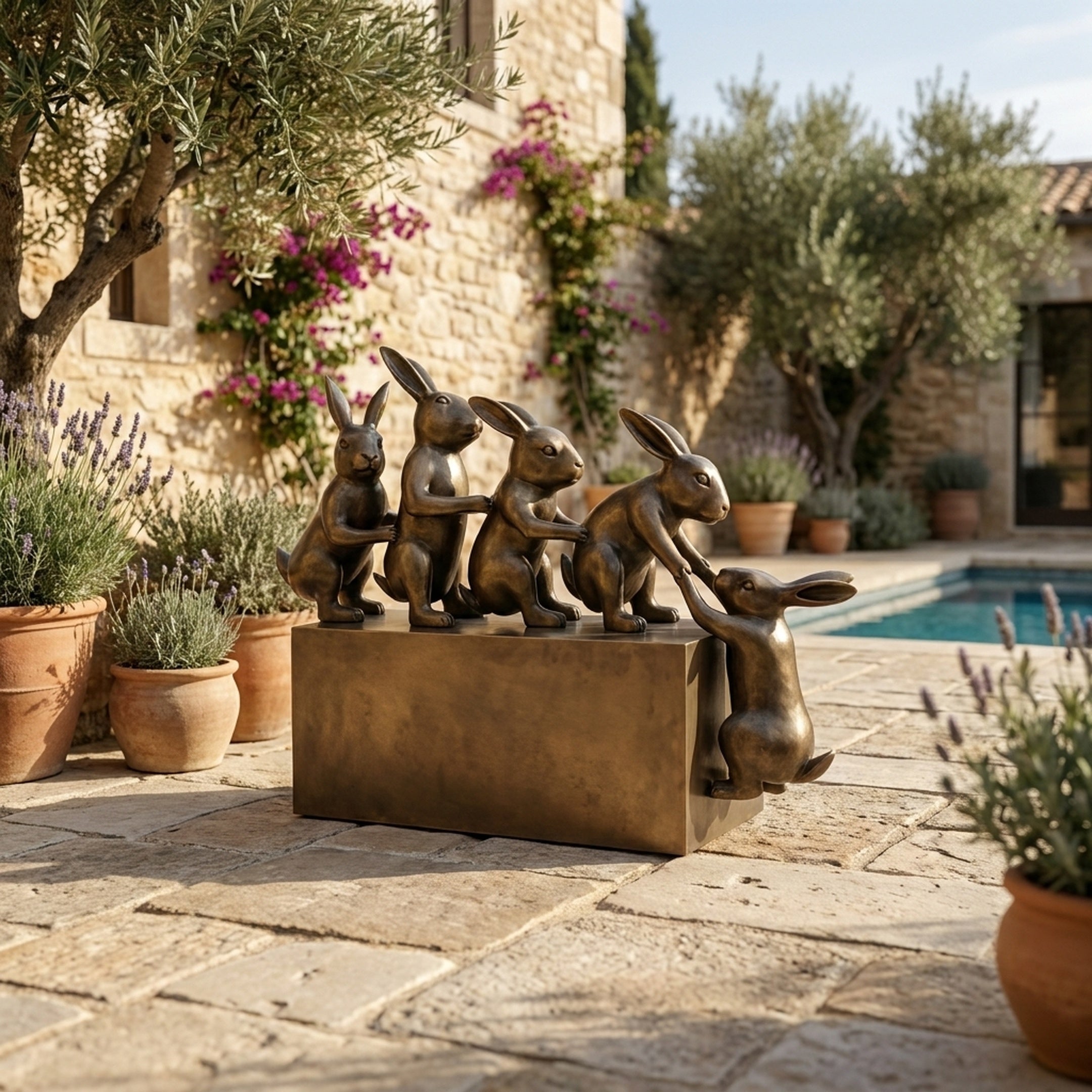 Contemporary Five Rabbit Bronze Sculpture by Giant Sculptures on a stone patio beside a pool, five linked rabbits in warm brown patina on a rectangular plinth.