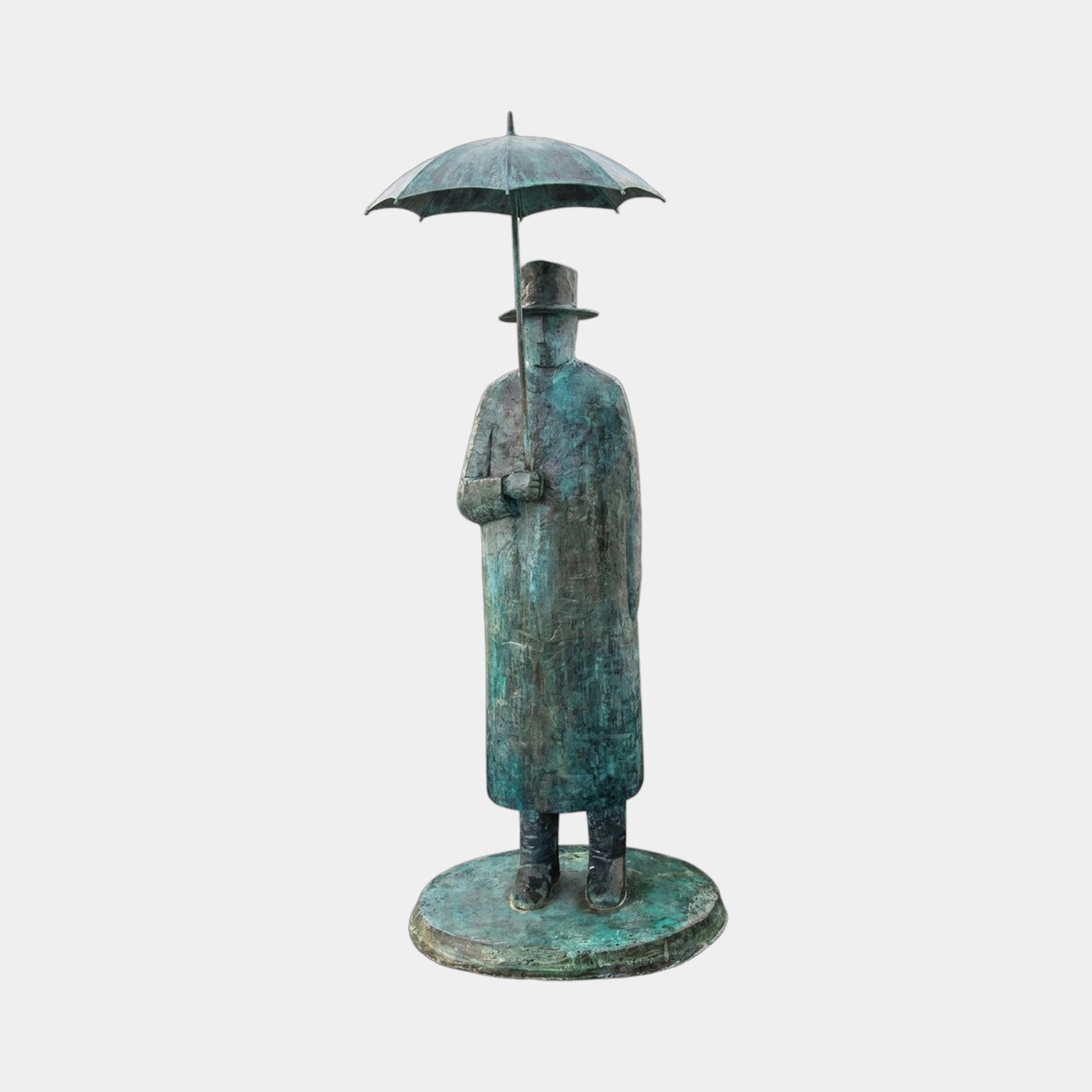 Contemporary Gentleman with Umbrella Bronze Fountain by Giant Sculptures, 220cm figure in long coat and hat holding an open umbrella, verdigris patina, circular base.